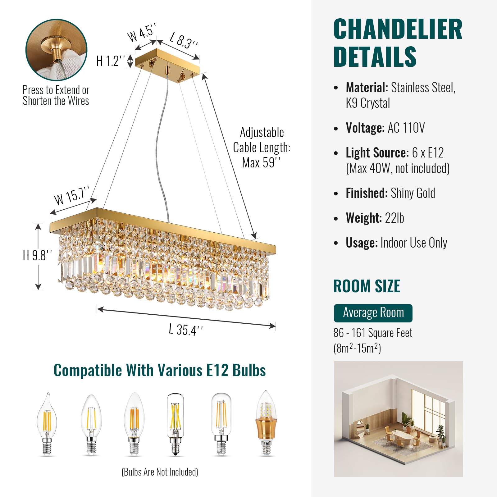 Siljoy 6-Light Modern Crystal Chandelier - Rectangular Gold K9 Crystal Raindrop Pendant Light for Dining Room, Living Room & Kitchen Island (31.5