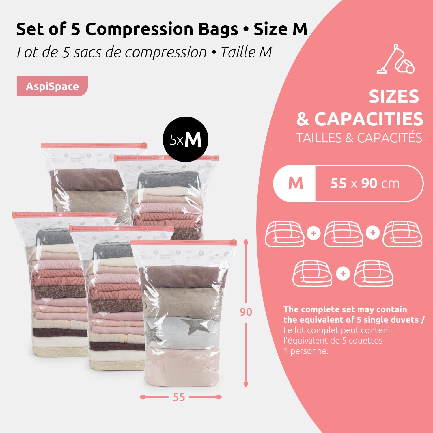 Vacuum Storage Bags for Clothes, Space Saving Compactor Bags (Medium, Transparent) - Perfect for Travel, Seasonal Storage & Moving