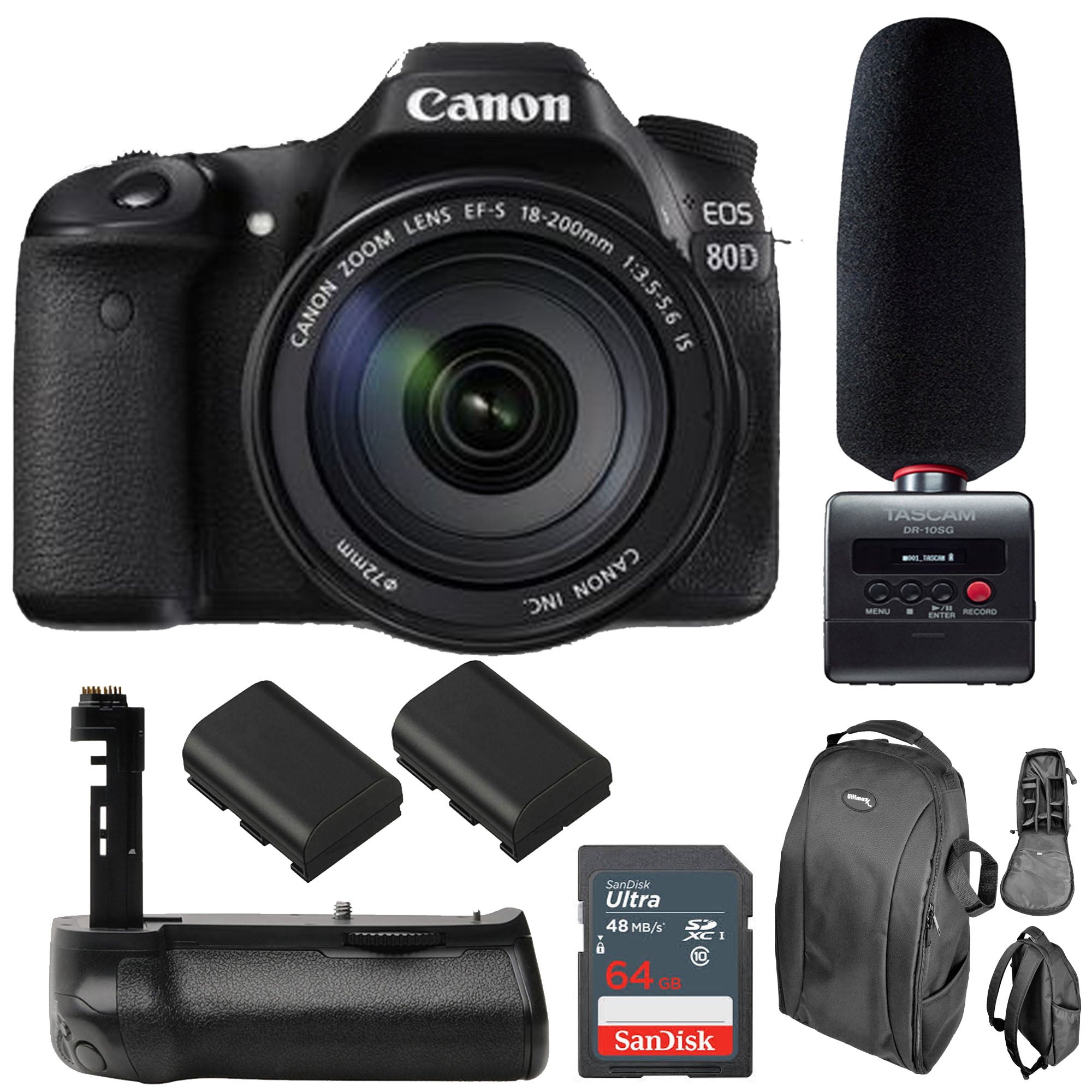 Canon EOS 80D DSLR Camera with 18-200mm IS Lens & Tascam DR-10SG Audio Recorder Kit - Professional Photography & Vlogging Setup for YouTube, Travel, and Events