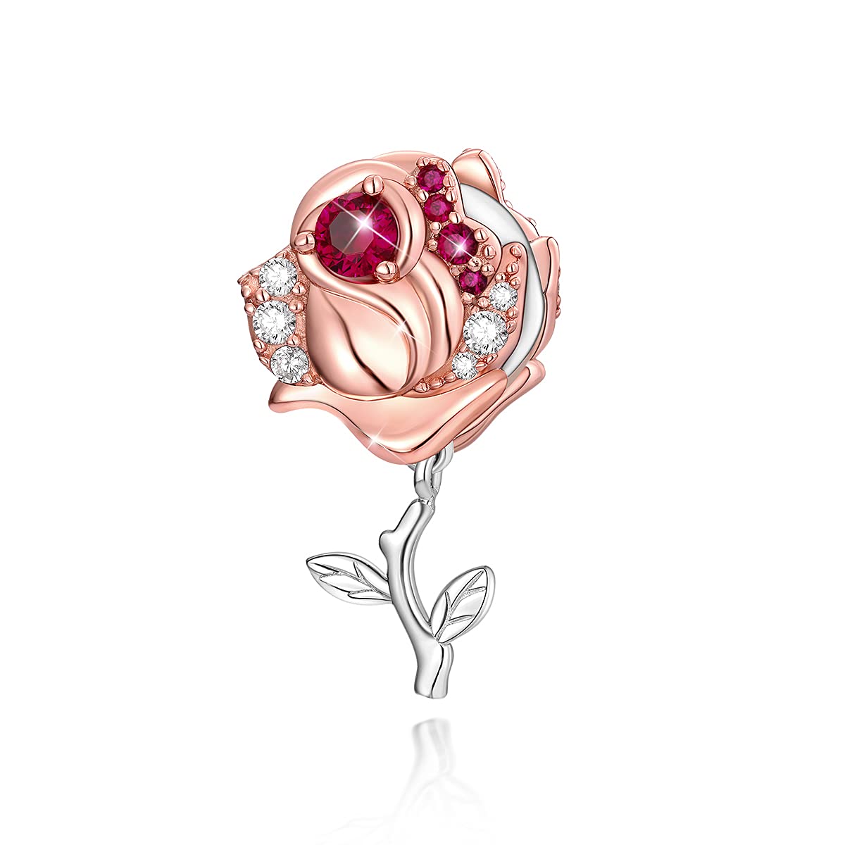 3D Rose Flower Charm with Cubic Zirconia - 925 Sterling Silver & Rose Gold Pendant for Bracelets & Necklaces - Romantic Gift for Women & Girls - Perfect for Anniversaries, Valentine's Day & Special Occasions