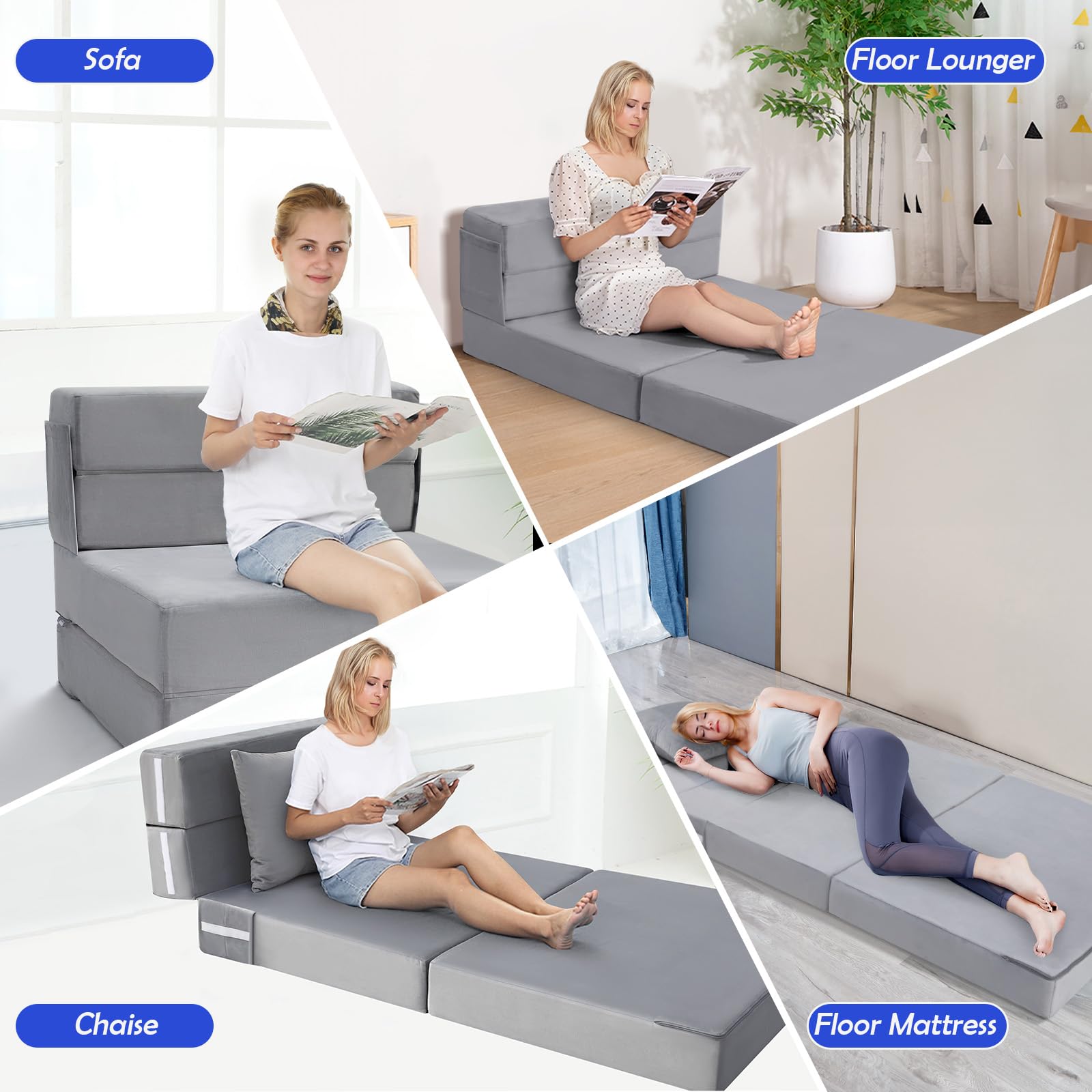 Foldable Futon Chair Bed Sleeper for Adults - Twin Size 6 Inch Folding Mattress Sofa Bed with Pillow, Convertible Tri-Fold Foam Floor Sofa for Living Room, Guest Room & Small Spaces (Grey) - Perfect for Apartments, Dorms & Overnight Guests