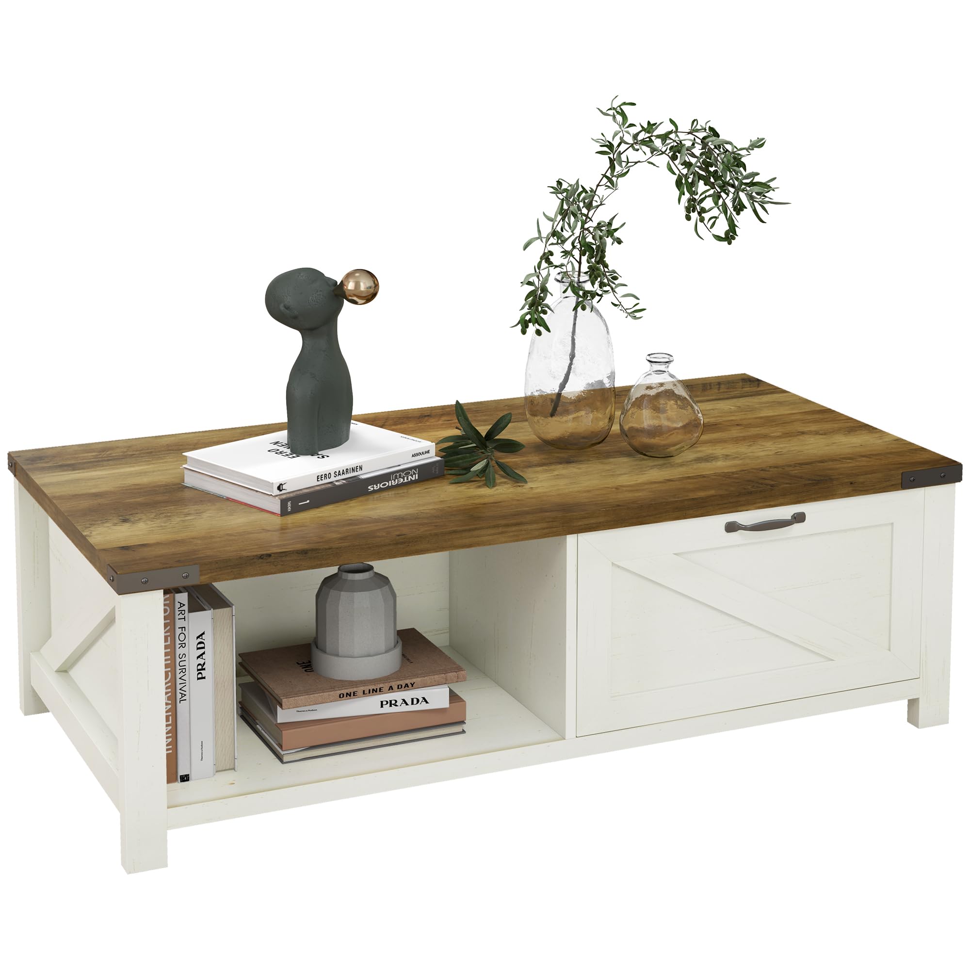 HOMCOM Rustic Farmhouse Coffee Table with Storage Drawer & Open Shelf - White Wooden Living Room Table for Home Decor | Perfect for Small Spaces, Apartments & Cozy Living Areas