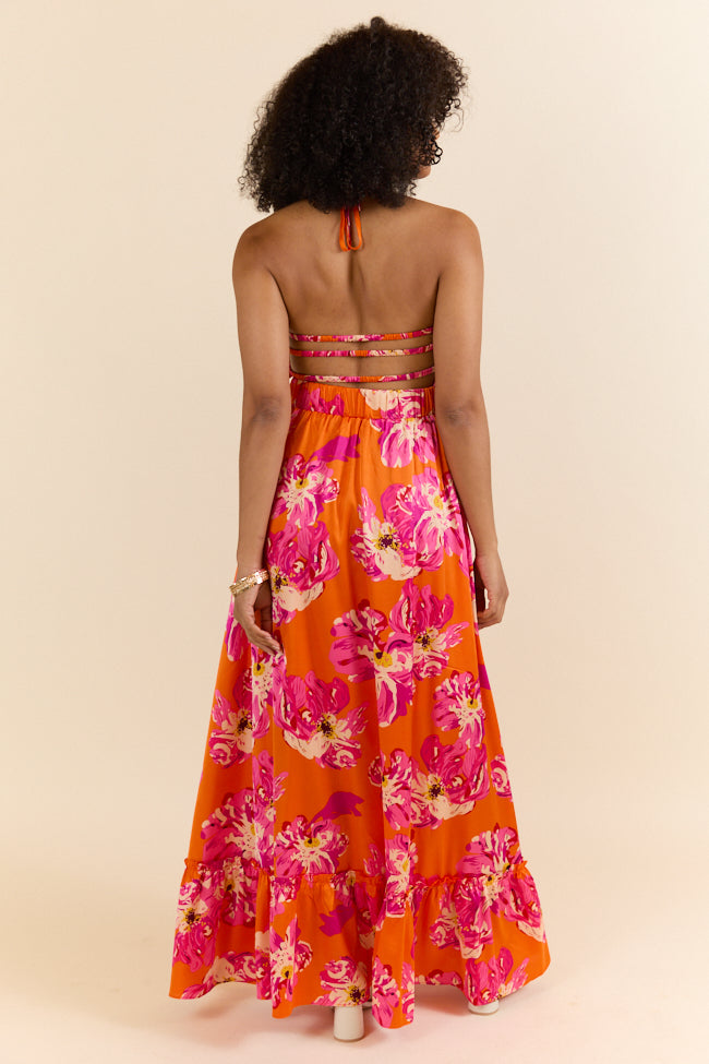 Stylish Orange Printed Smocked Halter Maxi Dress - Perfect for Summer Beach Vacations & Outdoor Parties