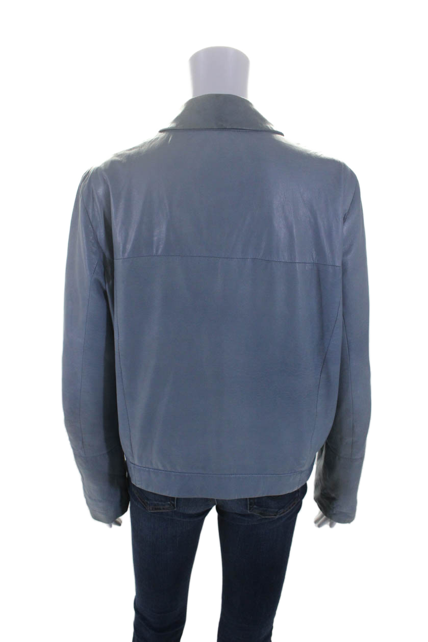 Max Mara Women's Blue Leather Jacket with Full Zipper & Long Sleeves - Perfect for Office Wear, Casual Outfits & Fall Fashion