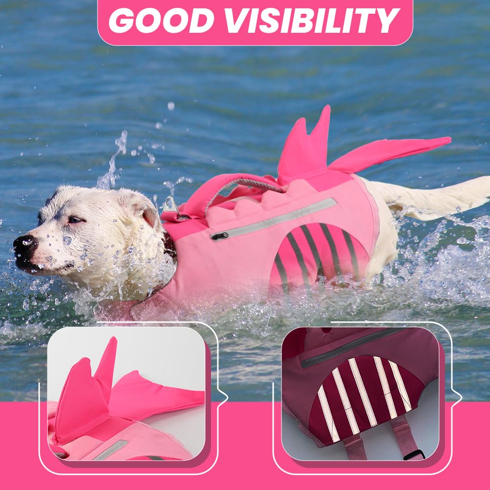 EMUST Dog Life Jacket - Shark Design Floating Vest with Pockets for Small Dogs, Swimming & Boating Safety Gear, Pink Size S - Perfect for Pool, Beach & Water Adventures