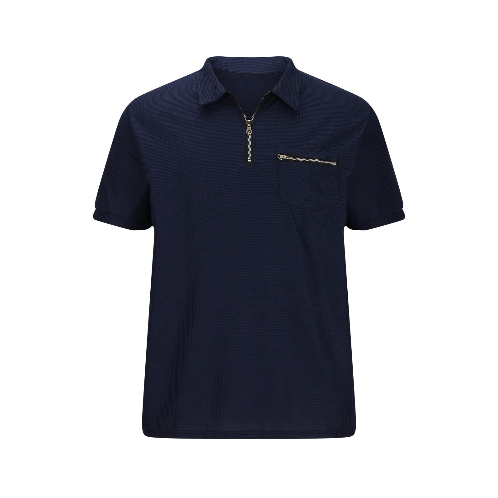 Men's Waffle Polo Shirts with Pocket - Short Sleeve Zipper T-Shirts for Summer Golf, Work & Casual Wear - Breathable Comfort Shirts for Dads & Business Professionals