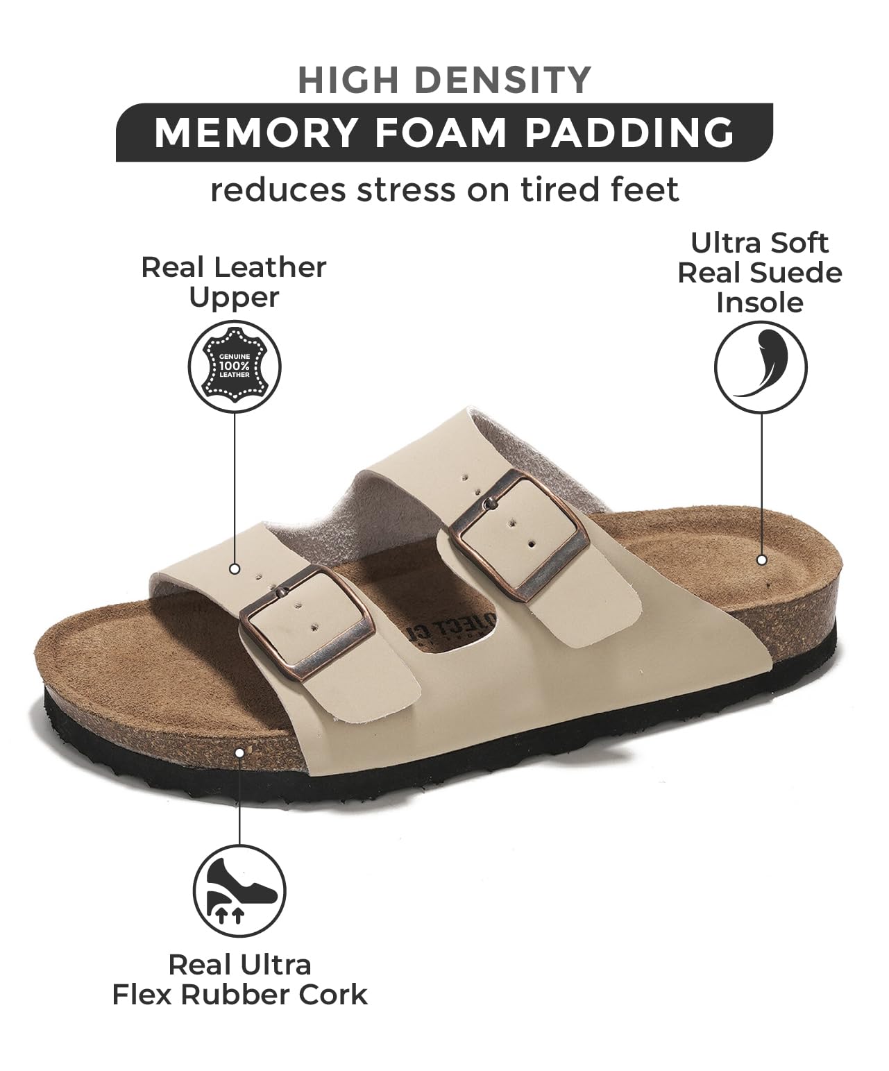 Project Cloud Genuine Leather Women's Flat Sandals - Memory Foam Comfort Slides for Beach & Vacation - Breathable Summer Footwear for Walking & Relaxing (Venita)