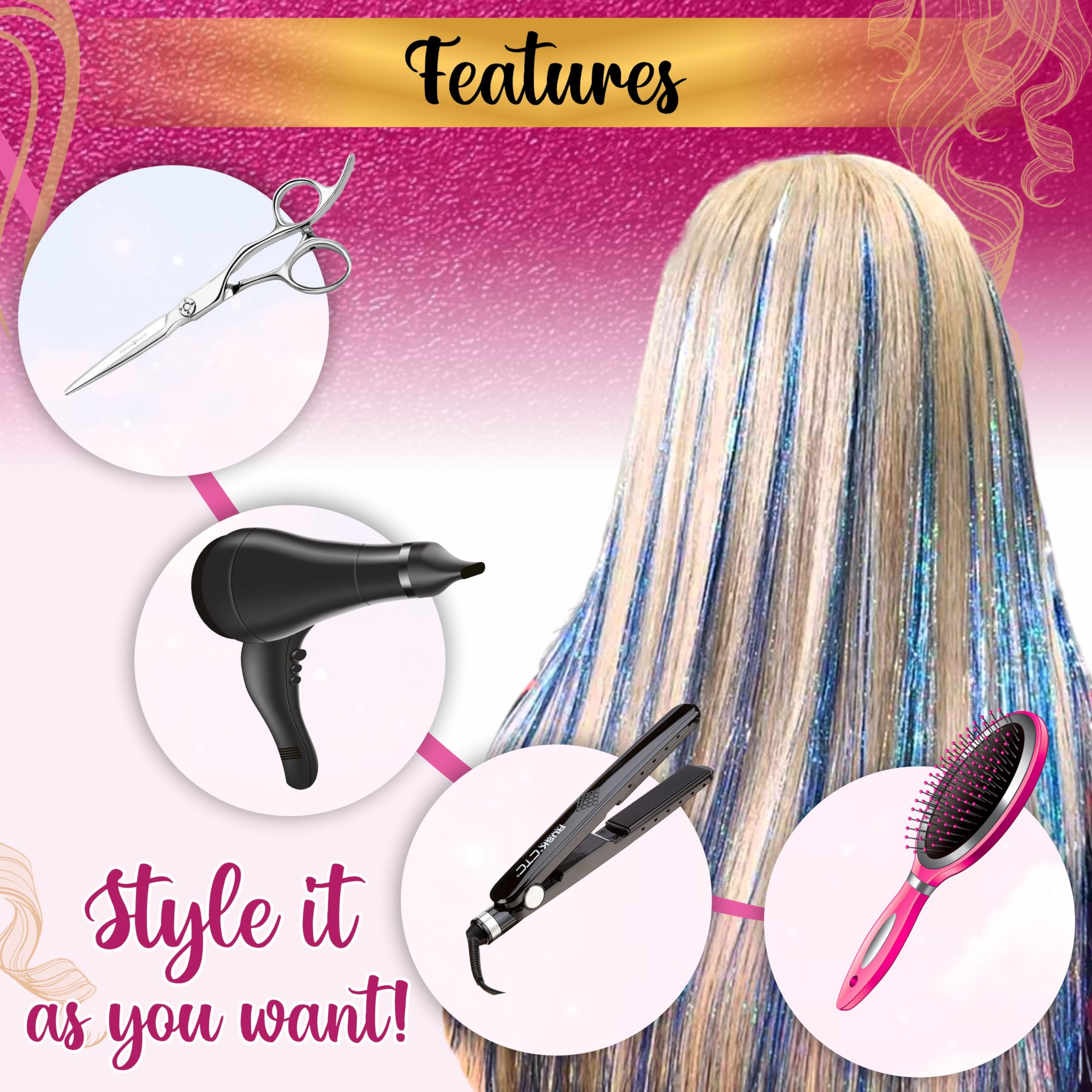 Andou 14 Colors 3500 Strands Heat Resistant Hair Tinsel Kit for Girls, Women & Kids - 48 Inch with Wooden Threader, Crochet Hook, Plier, Hair Clips & 200 Beads | Perfect for Parties, Festivals, Cosplay & Hair Styling