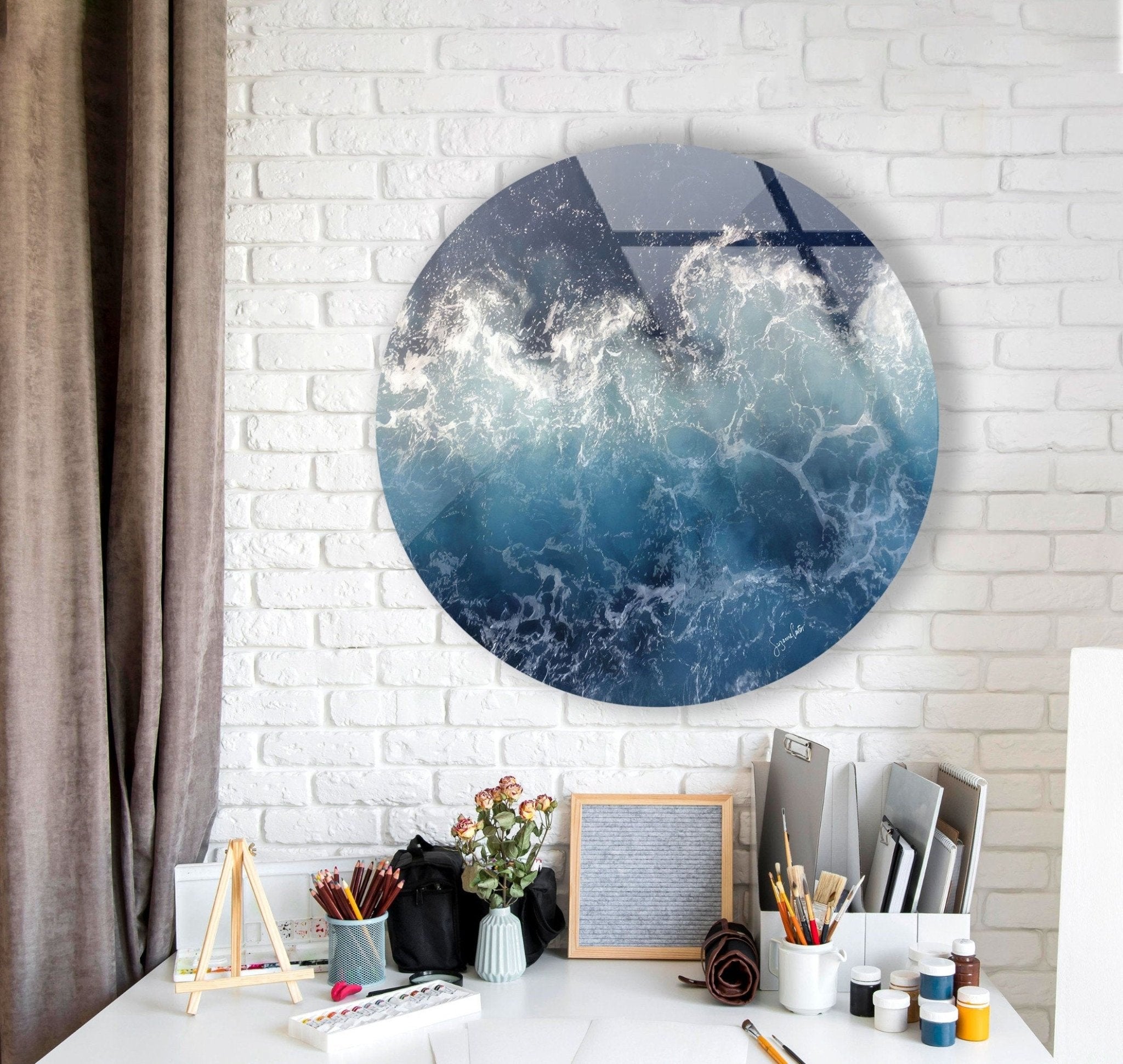 Abstract Round Ocean Waves Glass Wall Art - Coastal Beach Decor for Living Room, Bedroom & Office - Handmade Seascape Mural for Home & Office Decor