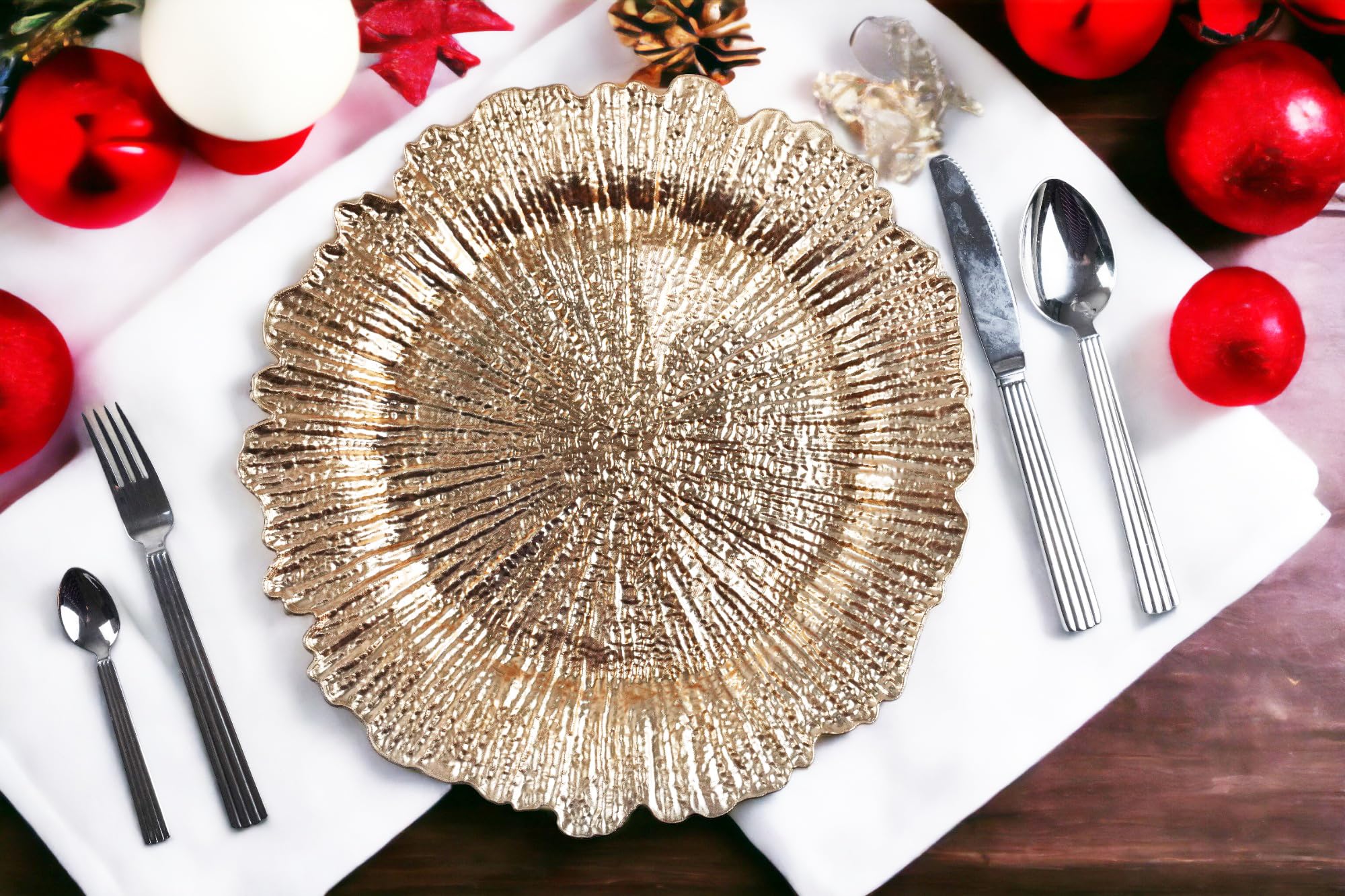 Evershine 12-Pack 13 Inch Gold Plastic Charger Plates with Floral Reef Design - Elegant Dinner Plates for Wedding, Party & Table Setting Decor - Perfect for Formal Dining, Buffets & Special Events