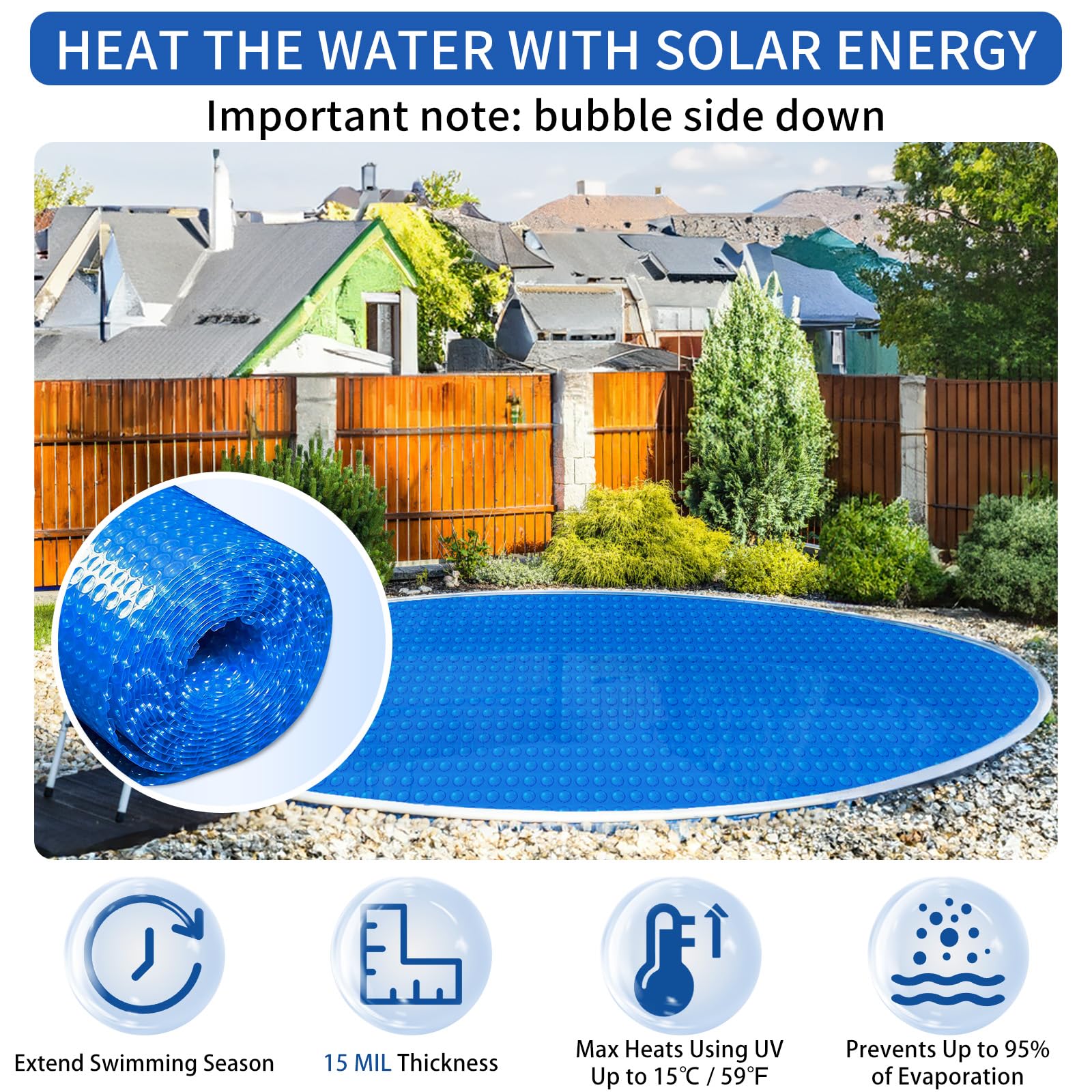 Evoio Heavy-Duty Solar Pool Cover Blanket - 15 ft Round Floating Thermal Blanket for Inground & Above Ground Swimming Pools & Hot Tubs | Bubble Insulation for Heat Retention & Energy Savings | Perfect for Backyard, Residential & Commercial Use