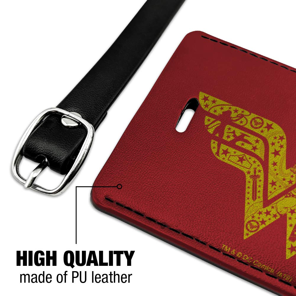 Wonder Woman Logo Leather Luggage Tag - Rectangle ID Card Holder for Travel Bags & Suitcases | DC Comics Superhero Gift for Fans