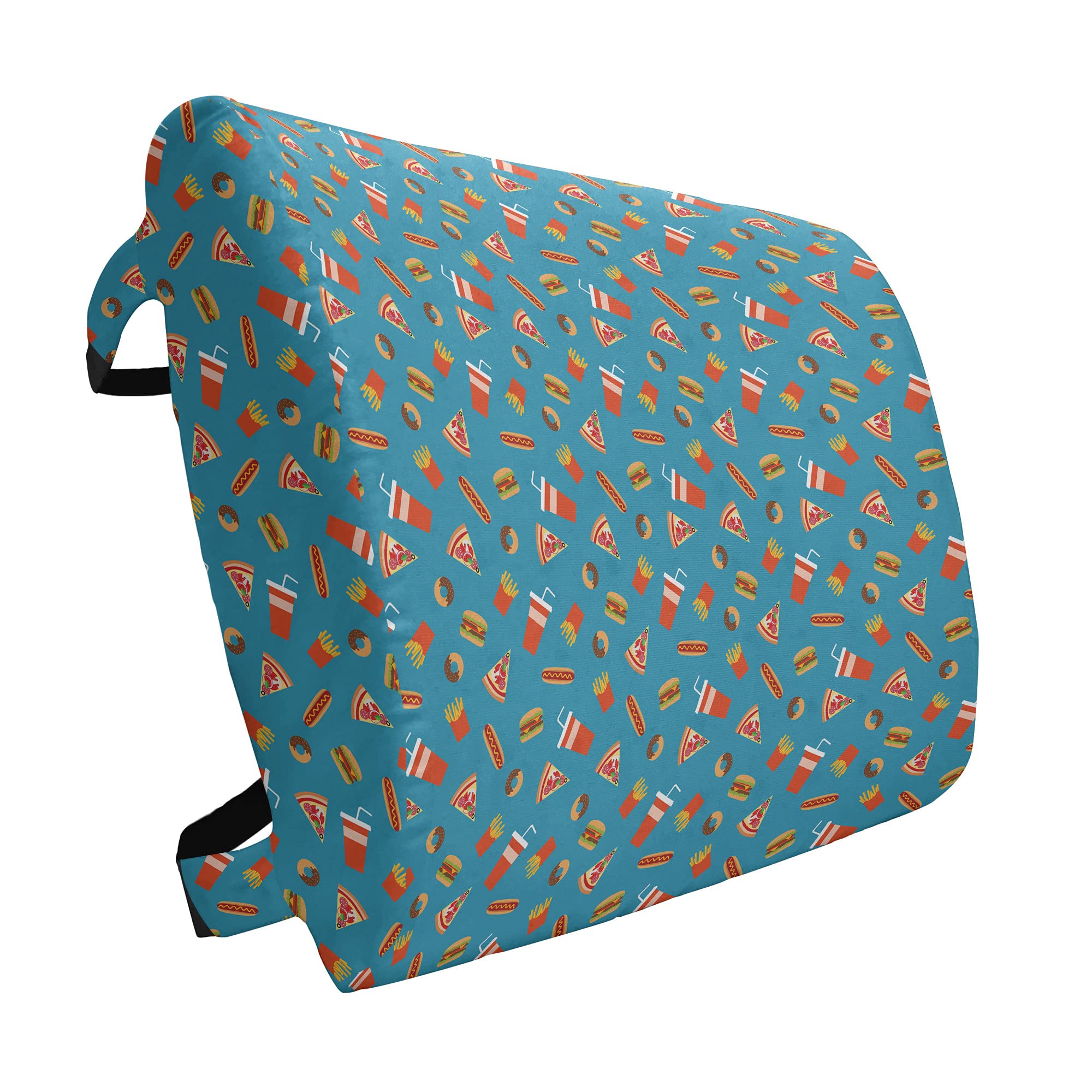 Ambesonne Food Themed Lumbar Support Pillow - Donuts, Hot Dogs, Soda, Hamburgers & Pizza Design - High Density Foam for Office Chairs & Car Seats - 14x13 Inch - Sea Blue Multicolor - Perfect for Back Pain Relief at Work or Long Drives