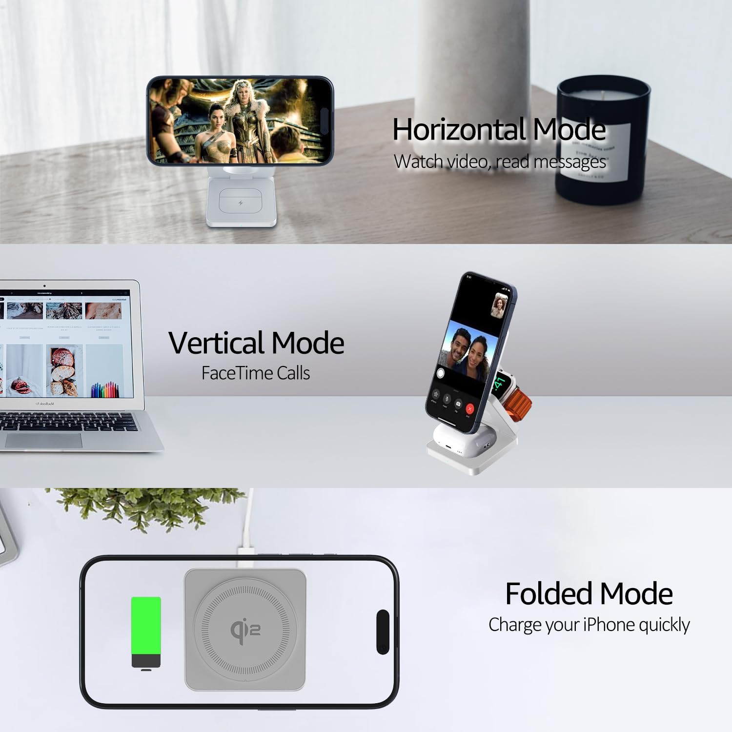 25W 3-in-1 Wireless Charging Station - Magsafe Compatible Fast Charger Dock for iPhone 14/13/12, Apple Watch & AirPods | Foldable Portable Stand with 5W Charging | Perfect for Home, Office & Travel (Silver)