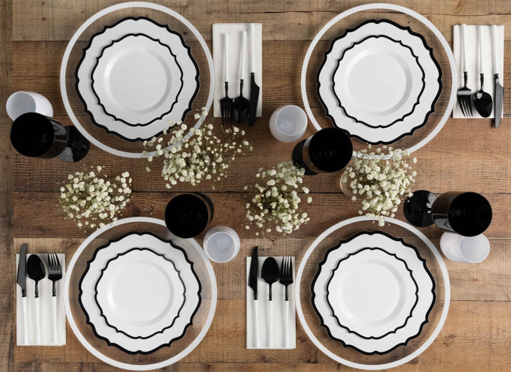 32-Piece White and Black Rim Plastic Dinnerware Set for 16 Guests - Modern Dinner Plates, Bowls, Cups & Utensils - Perfect for Parties, Picnics, and Outdoor Dining