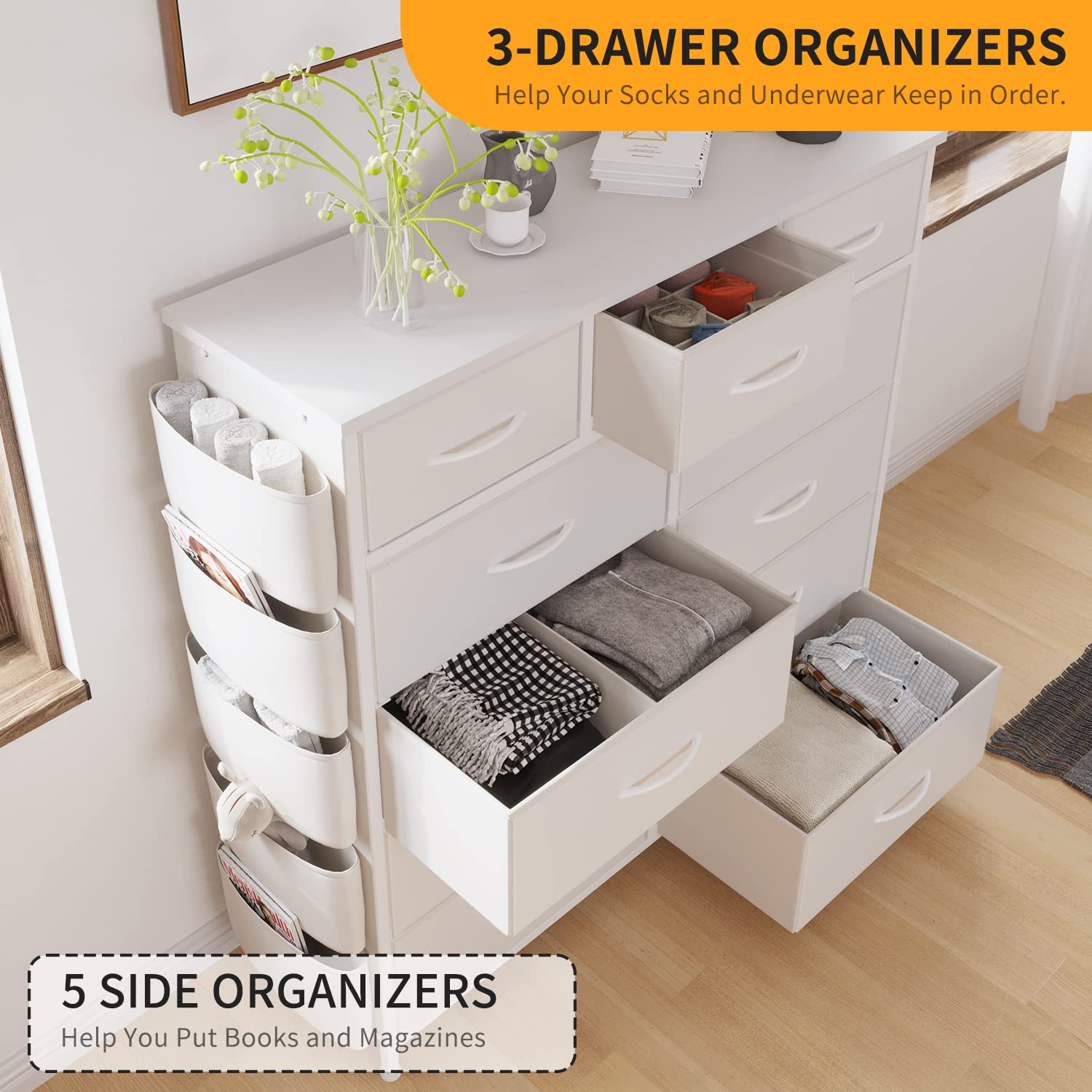 11-Drawer Dresser for Bedroom with Side Pockets & Hooks - Wood Top Steel Frame Fabric Storage Organizer with Pull Handles | Perfect for Closet Organization & Small Space Bedroom Storage