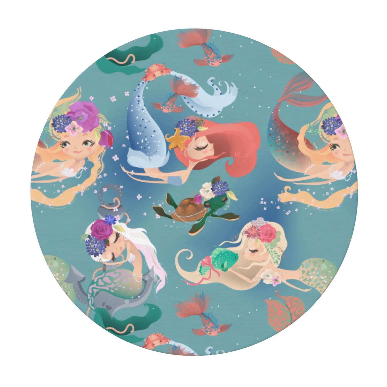 Cute Mermaid and Turtle Fish Round Tablecloth - Elastic Edge Fitted Table Cover for 45