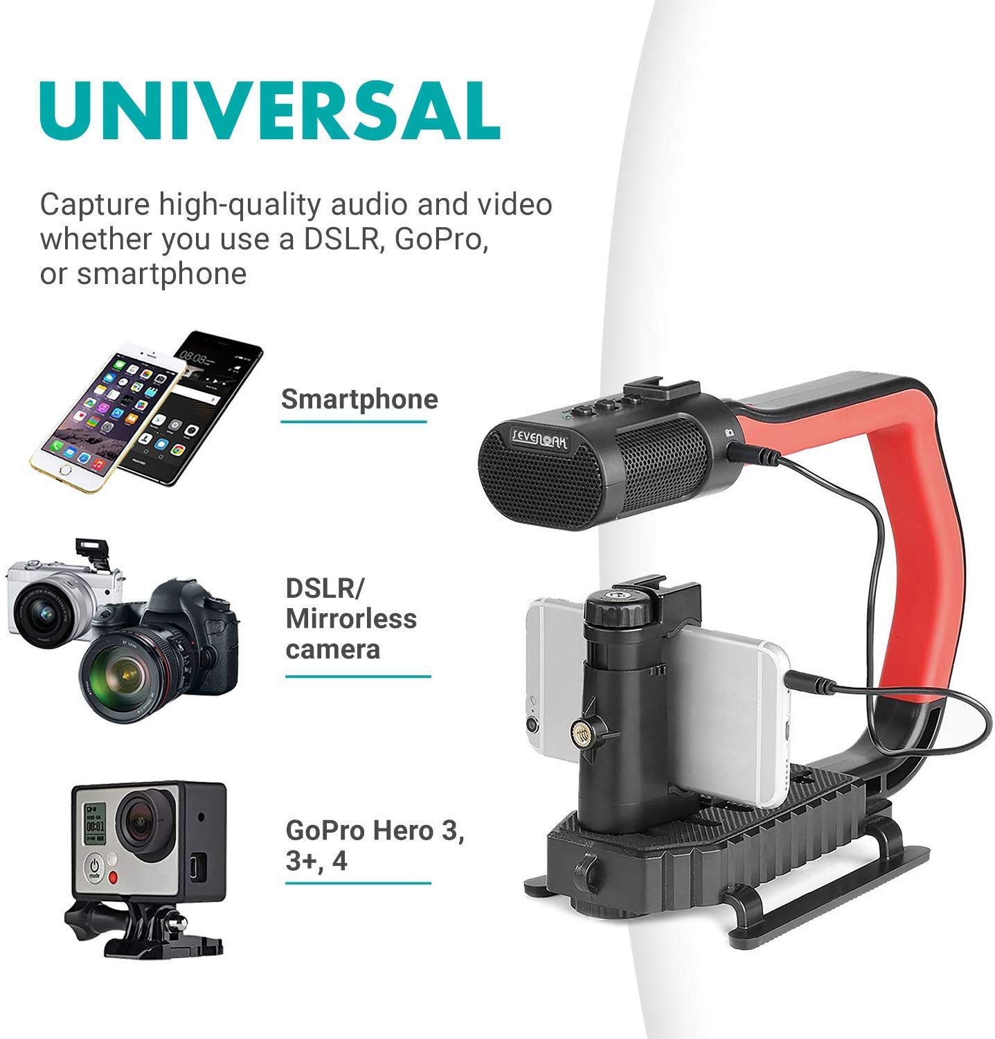 Sevenoak MicRig Universal Video Grip Handle with Built-in Stereo Mic, Windscreen & Shoe Extender - Compatible with DSLR Cameras, iPhone, Android Phones, GoPro (Red) - Perfect for Vlogging, Live Streaming & Outdoor Shooting