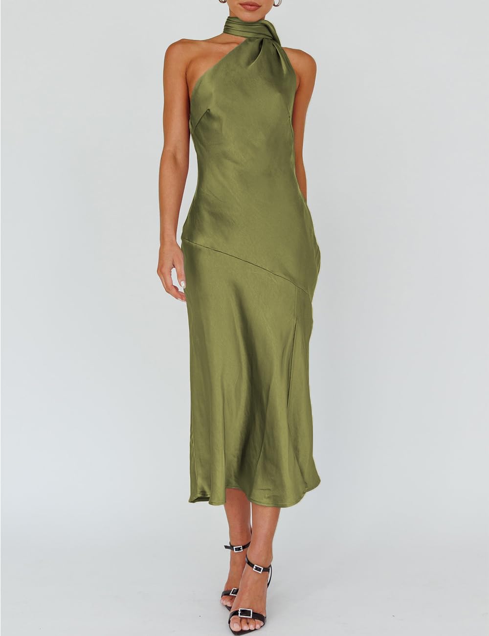 Elegant Satin Backless Halter Wedding Guest Dress for Women - Sleeveless Cowl Neck Midi Cocktail Dress with Slit, Perfect for Evening Parties, Bridal Showers & Formal Events