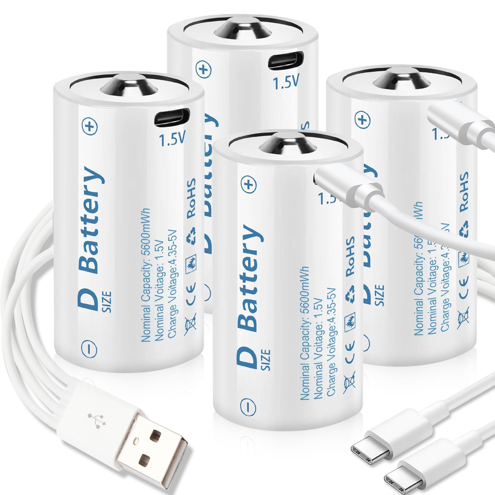 4 Pack D Cell Lithium Batteries 5600mWh - USB-C Rechargeable D Batteries with 4-in-1 Charging Cable - 1.5V Long Lasting D Cell Battery for Flashlights, Toys, Floodlights & Emergency Power Supply