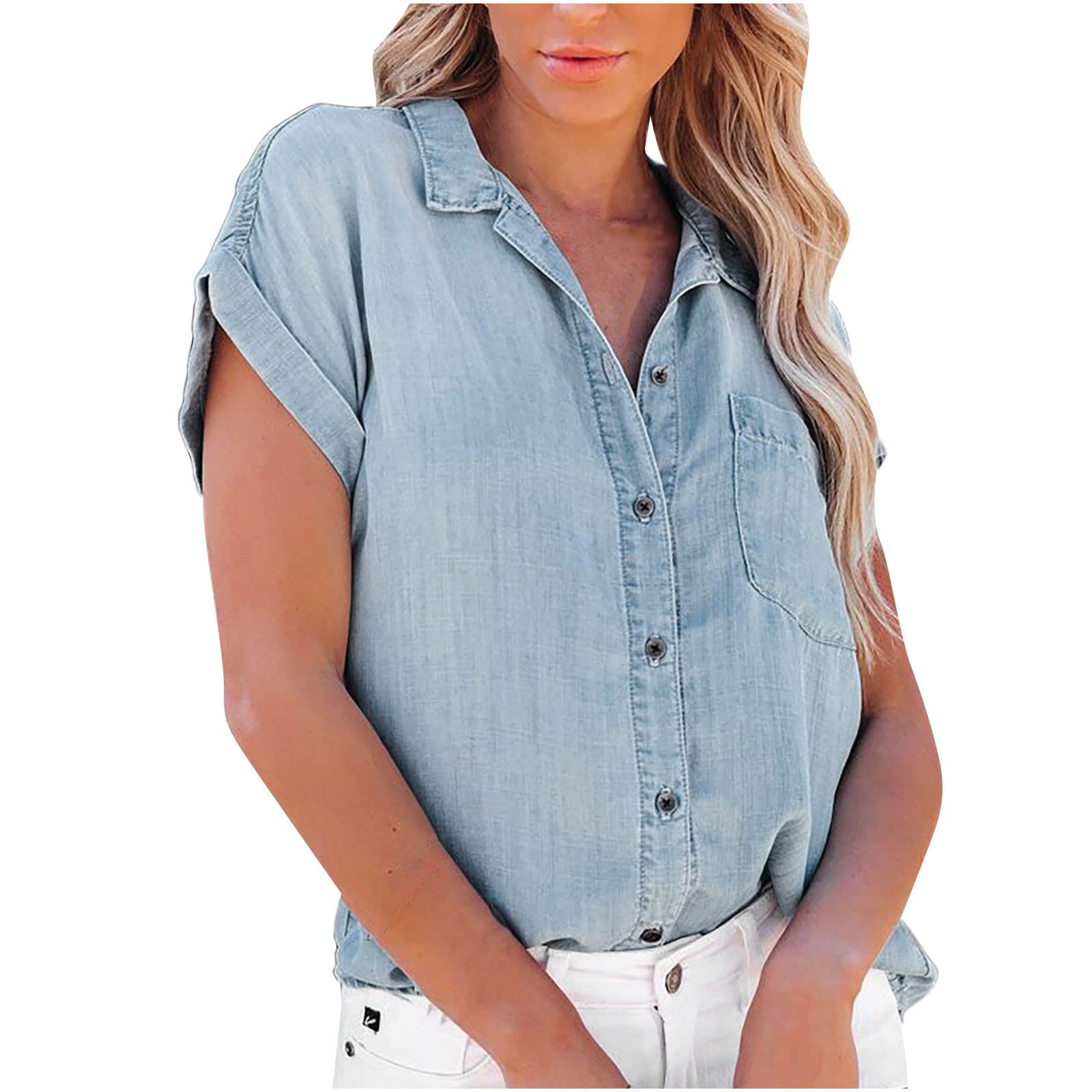 2022 Women's Summer Denim Shirts - Casual Short-Sleeve Lapel Tops, Solid Color Loose Blouse for Outing, Dating & Office Wear