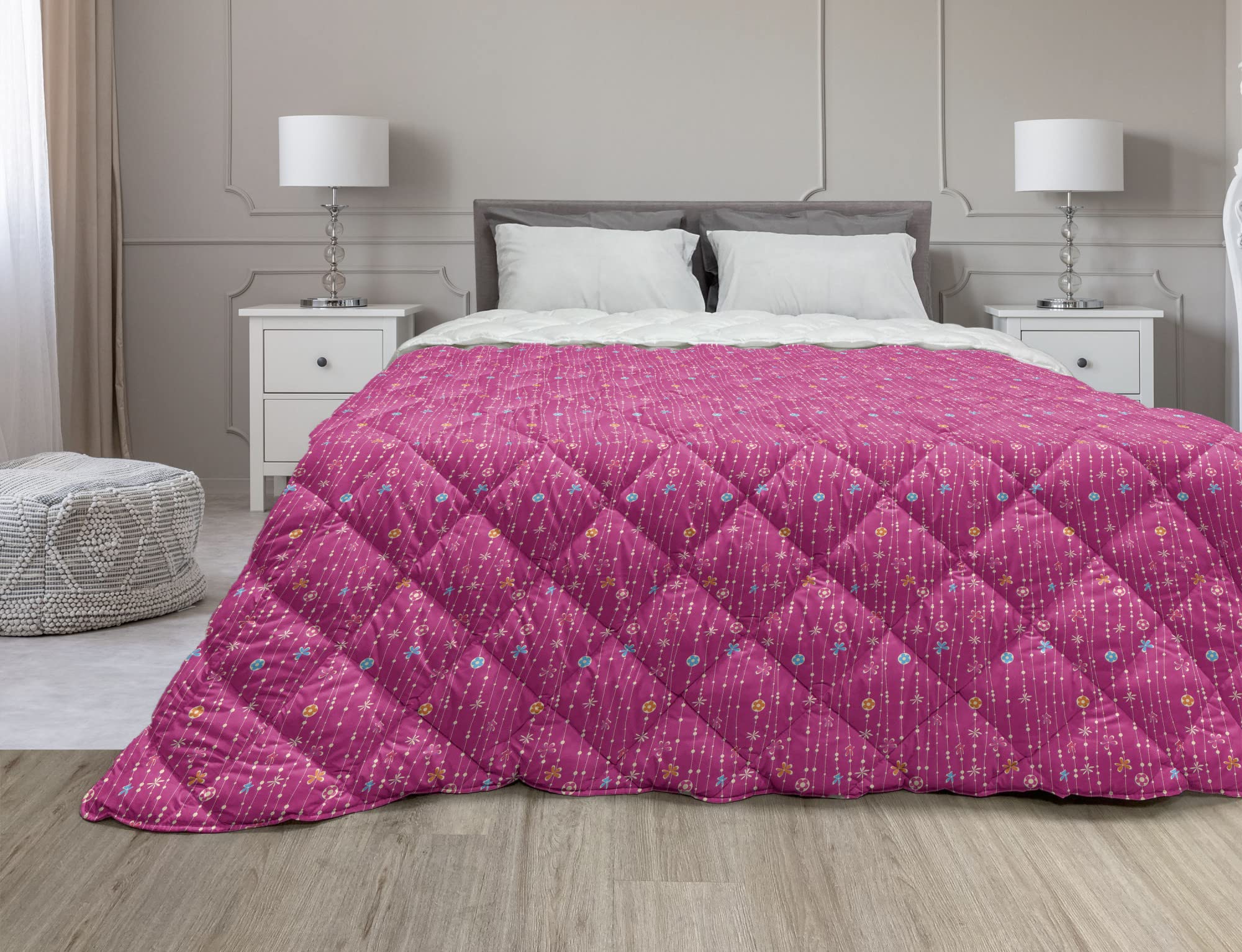 Ambesonne Floral King Size Down Alternative Comforter - Colorful Flower & Polka Dot Pattern, All-Season Microfiber Quilt in Magenta Multicolor - Perfect for Bedroom Decor, Guest Room, and Cozy Home Styling