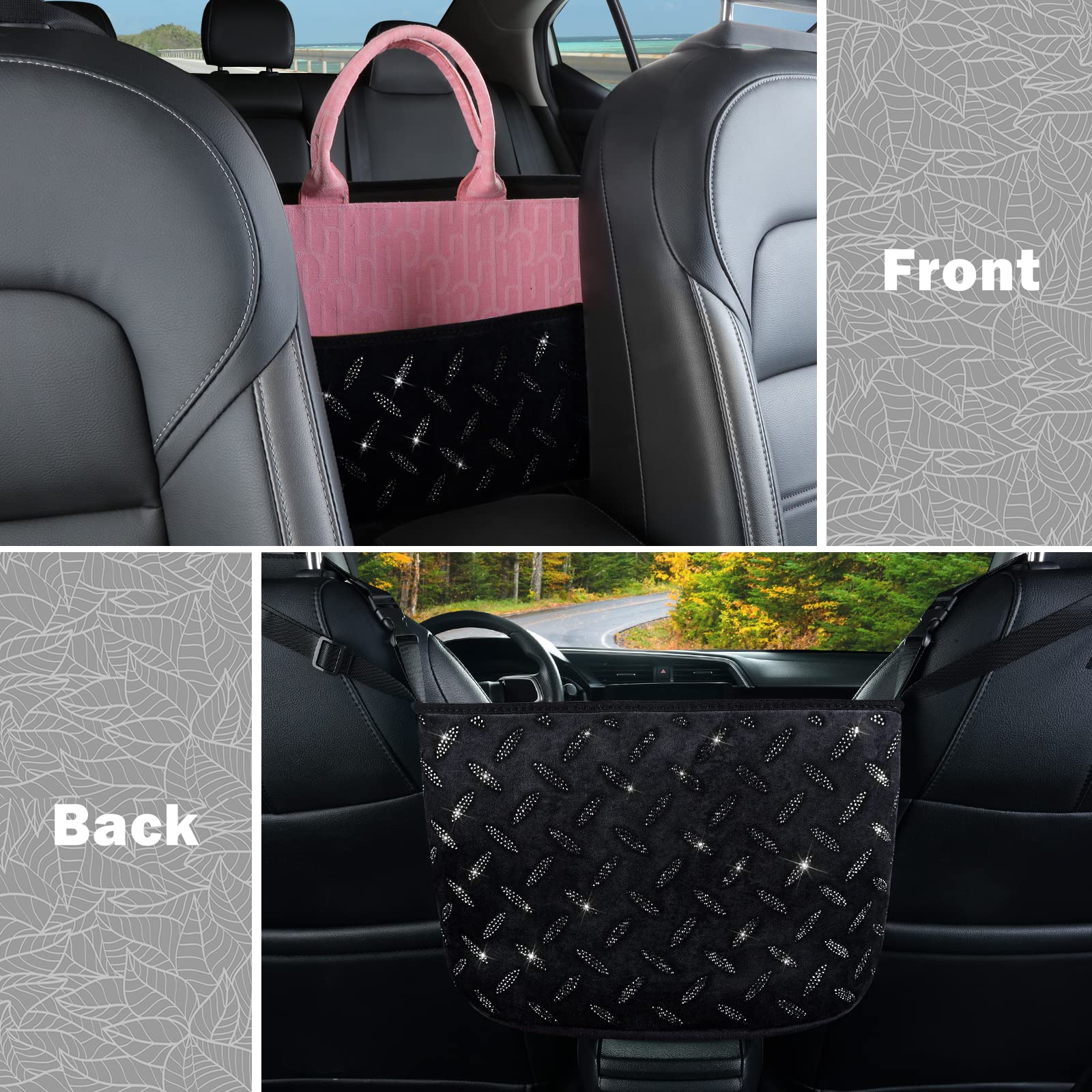 Crystal Car Organizer with Bling Diamonds - Purse & Handbag Holder for Women, Pet Barrier for Dogs & Kids - Black