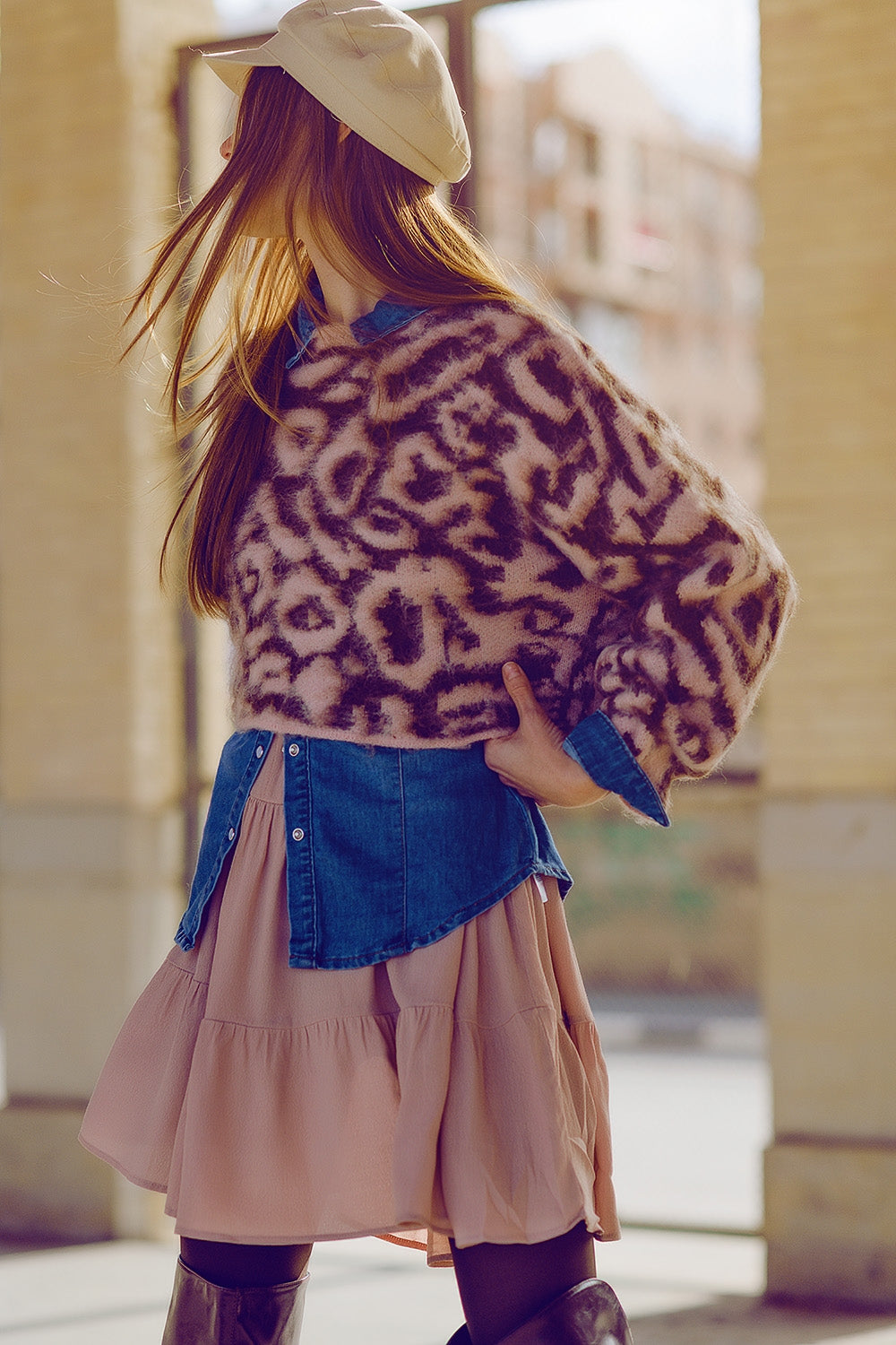 Women's Pink Leopard Print Pullover Knit Wool Sweater - Cozy Winter Fashion for Casual Outings & Office Wear