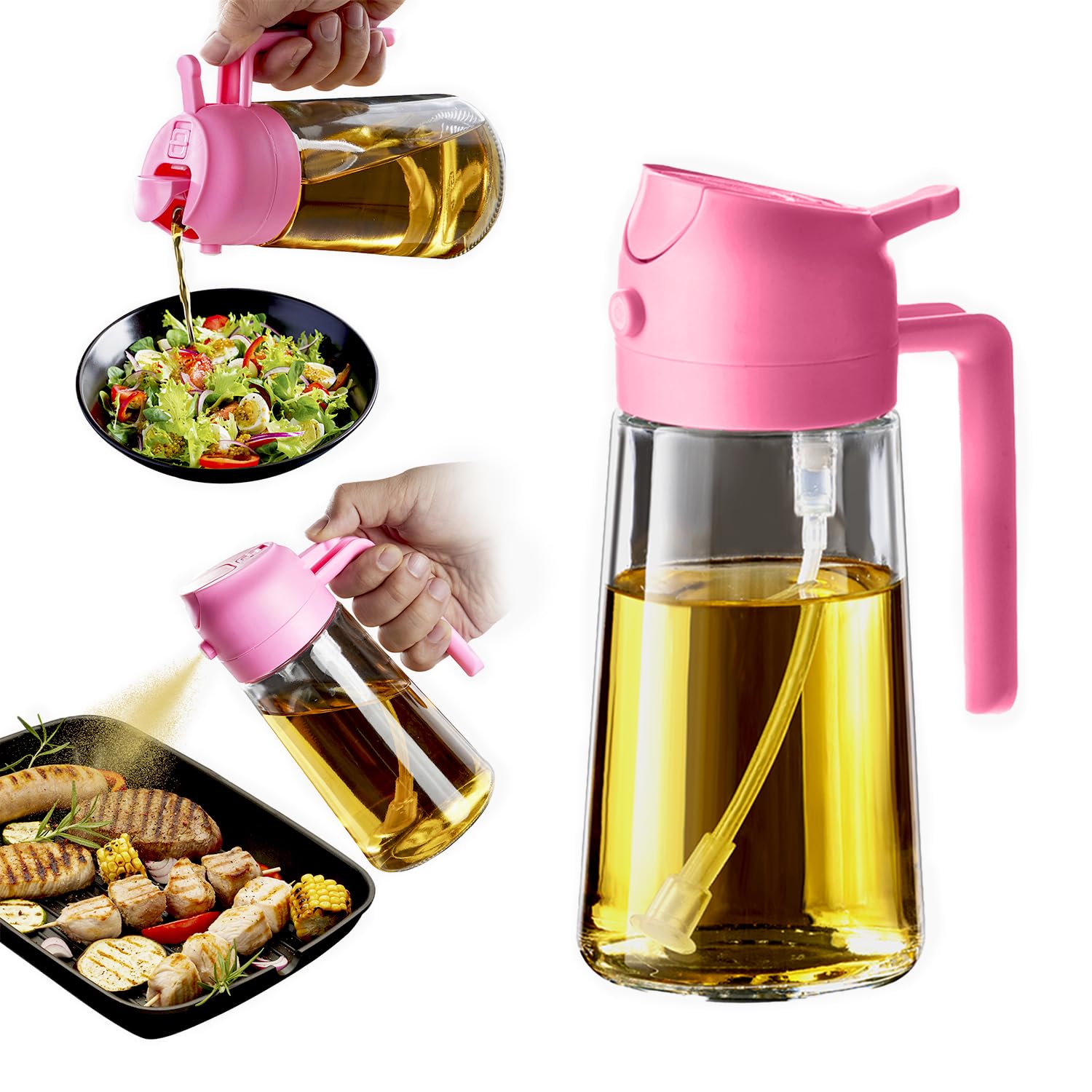 Premium 16oz/470ml Olive Oil Sprayer Bottle - 2-in-1 Kitchen Oil Dispenser & Mister for Cooking, Air Fryer, Salad Dressing, BBQ Grilling - Food Grade BPA-Free (Bubblegum Color) - Perfect for Healthy Cooking & Meal Prep