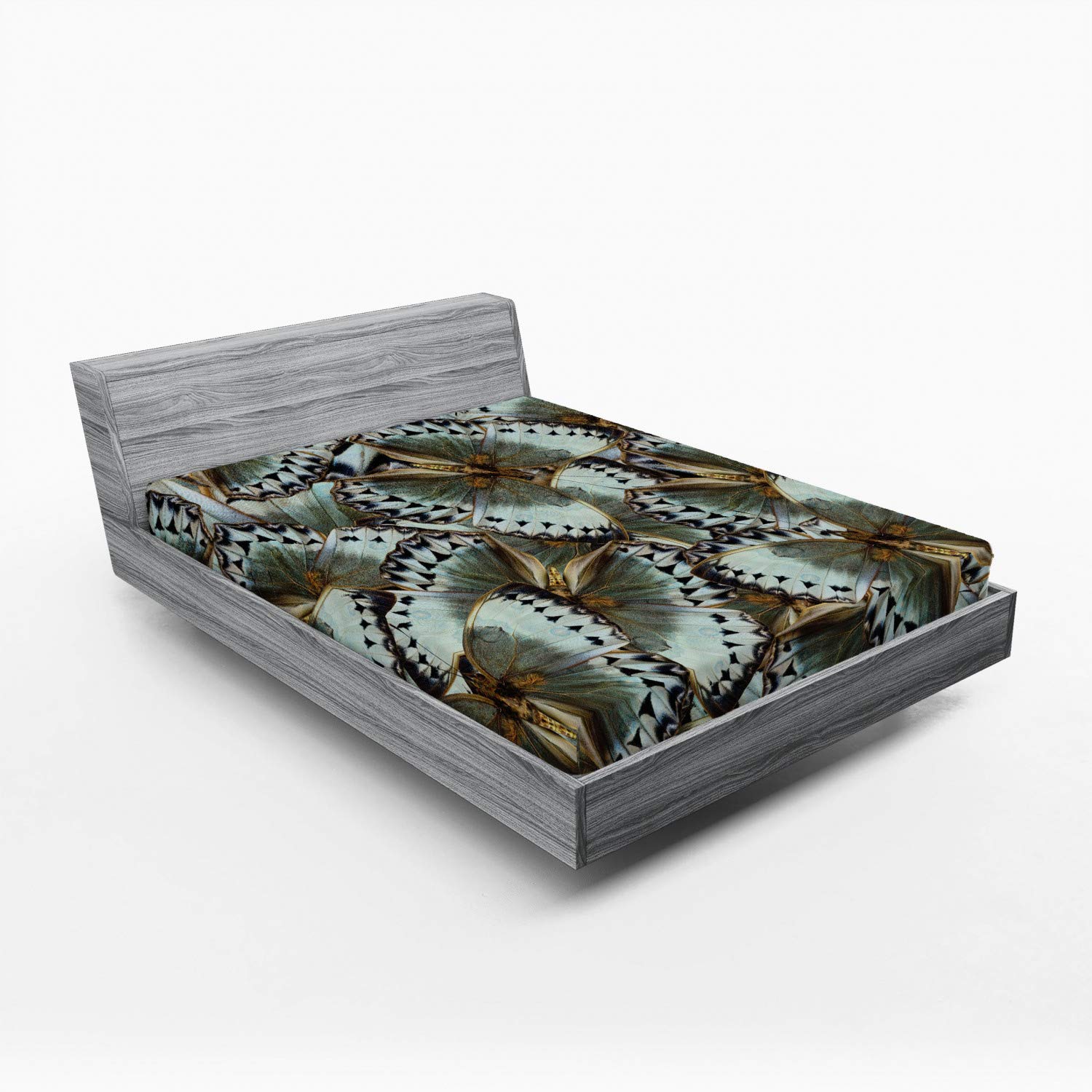 Ambesonne Exotic Queen Size Fitted Sheet - Butterfly Jungle & Moth Transformation Print, Deep Pocket Elastic Bed Cover in Almond Green Black | Nature-Inspired Bedding for Tropical & Bohemian Bedroom Decor