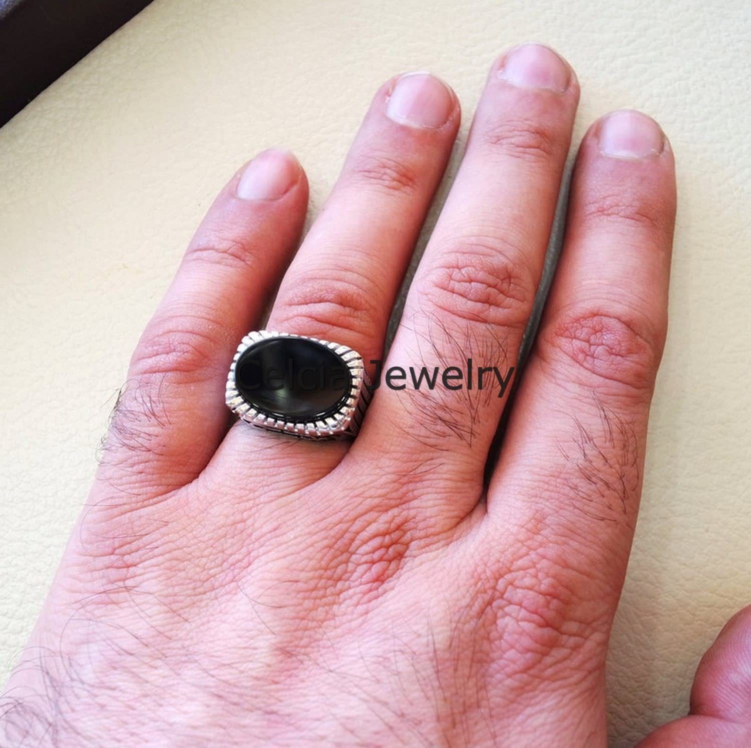 Natural Black Onyx Oval Flat Gemstone Men's Signet Ring - 925 Sterling Silver Statement Ring for Boyfriend, Engagement & Wedding Gifts - Elegant Jewelry for Special Occasions, Date Nights & Formal Events