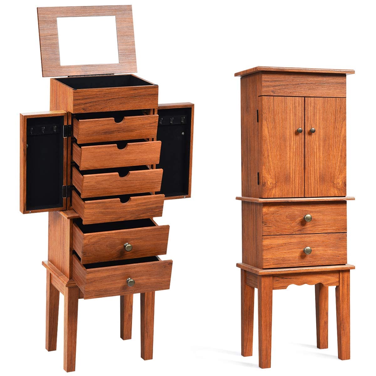Wooden Jewelry Armoire Cabinet with Flip Mirror - 6 Drawers, 2 Side Doors & Necklace Hooks | Jewelry Storage Organizer for Bedroom, Closet & Dressing Room