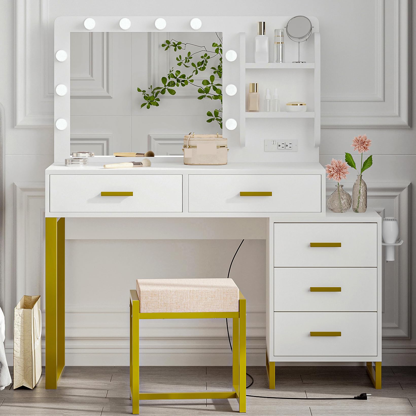 White Makeup Vanity Desk with LED Lights & Mirror - 3 Color Modes, 5 Drawers, Power Outlet & Chair Set - Perfect for Bedroom, Dressing Room & Beauty Salon