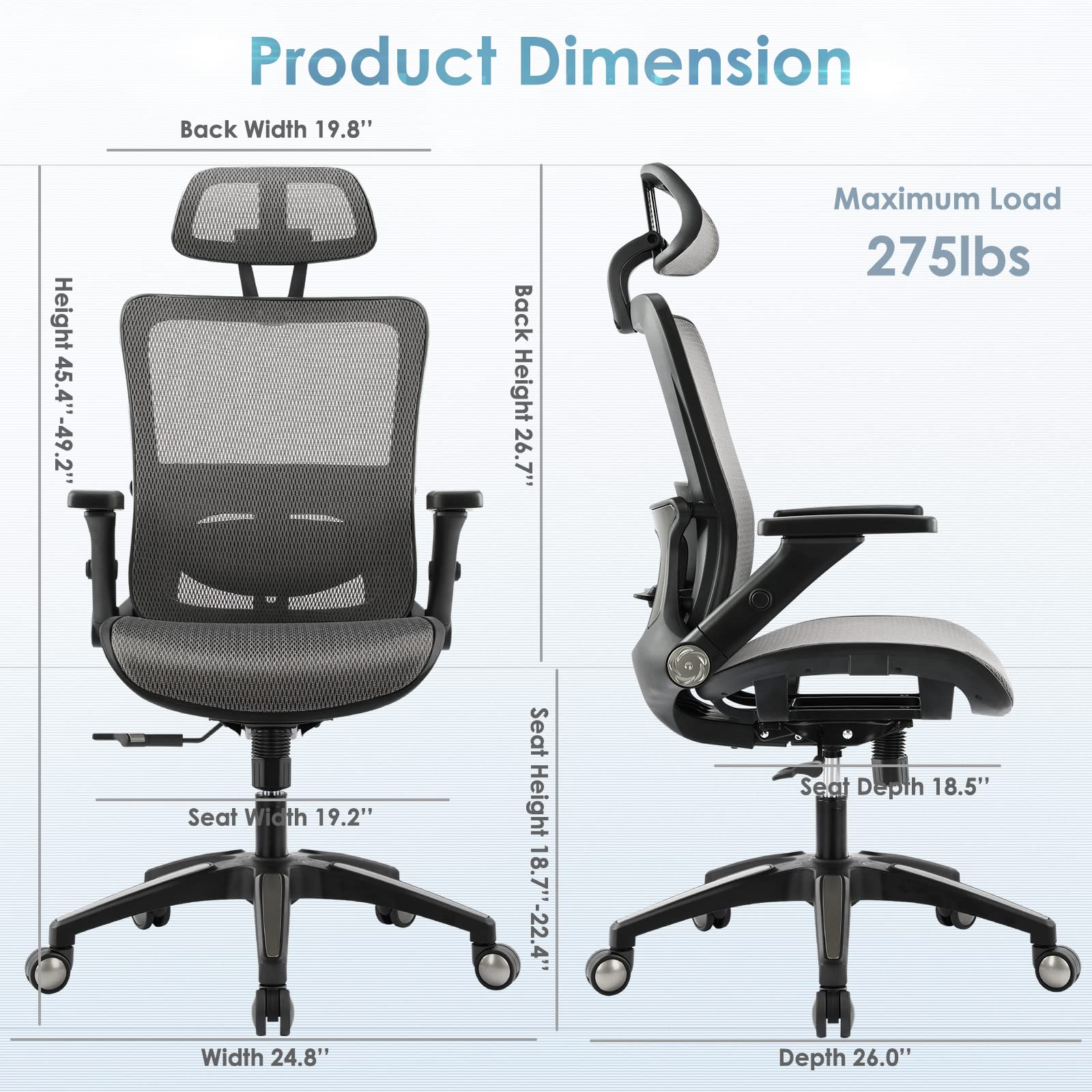 Ergonomic Mesh Office Chair with High Back, Headrest & 4D Flip-Up Armrests - Adjustable Tilt Lock & Lumbar Support - Grey - Perfect for Home Office, Gaming & Computer Workstations