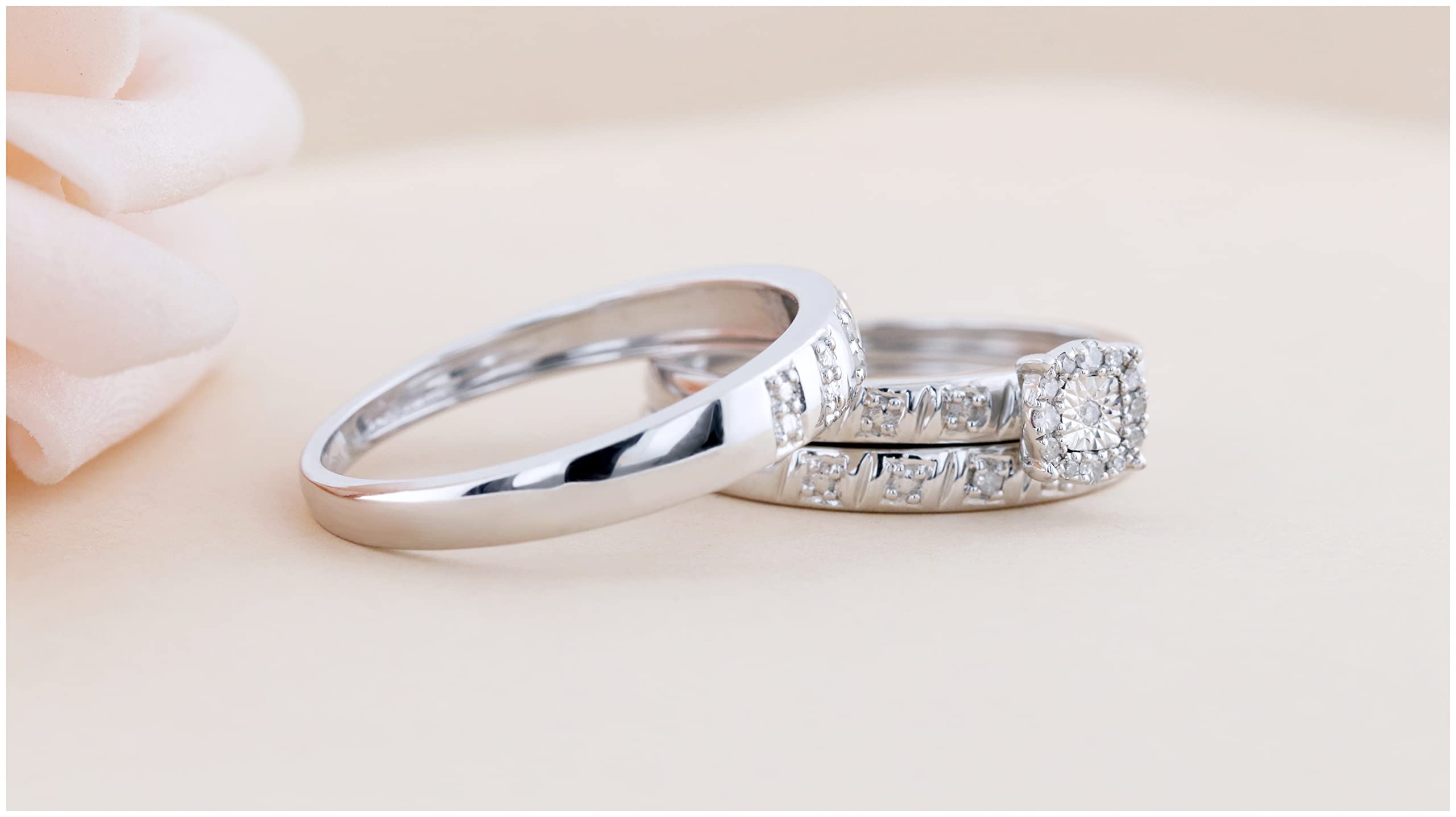 Dazzlingrock 0.10ct Round White Diamond Halo Illusion Wedding Ring Set for Men & Women - 925 Sterling Silver Engagement & Anniversary Jewelry Gift
