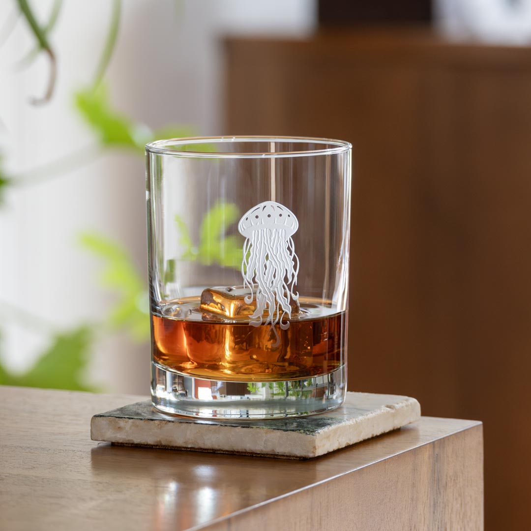 Premium 13oz Double Old Fashioned Whiskey Glasses Set of 4 - Thick Base Crystal Clear Jellyfish Design - Perfect for Bourbon, Scotch, Cocktails & Home Bar Entertaining