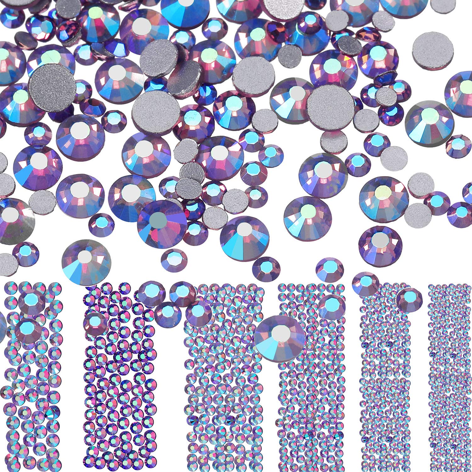 Bememo 3456 Pcs AB Clear Flat Back Round Rhinestones - Mixed Size Glass Gems for DIY Crafts, Clothing, Shoes, Makeup Bags & Home Decor (6 Sizes, Amethyst) - Perfect for Scrapbooking, Jewelry Making & Nail Art Designs