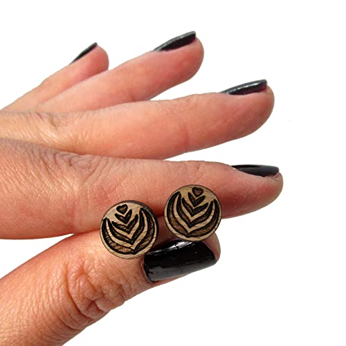 Latte Leaf Art Wood Coffee Stud Earrings - Laser Etched Barista Jewelry for Women - Perfect for Coffee Lovers, Barista Gifts & Coffee Shop Fashion Accessories