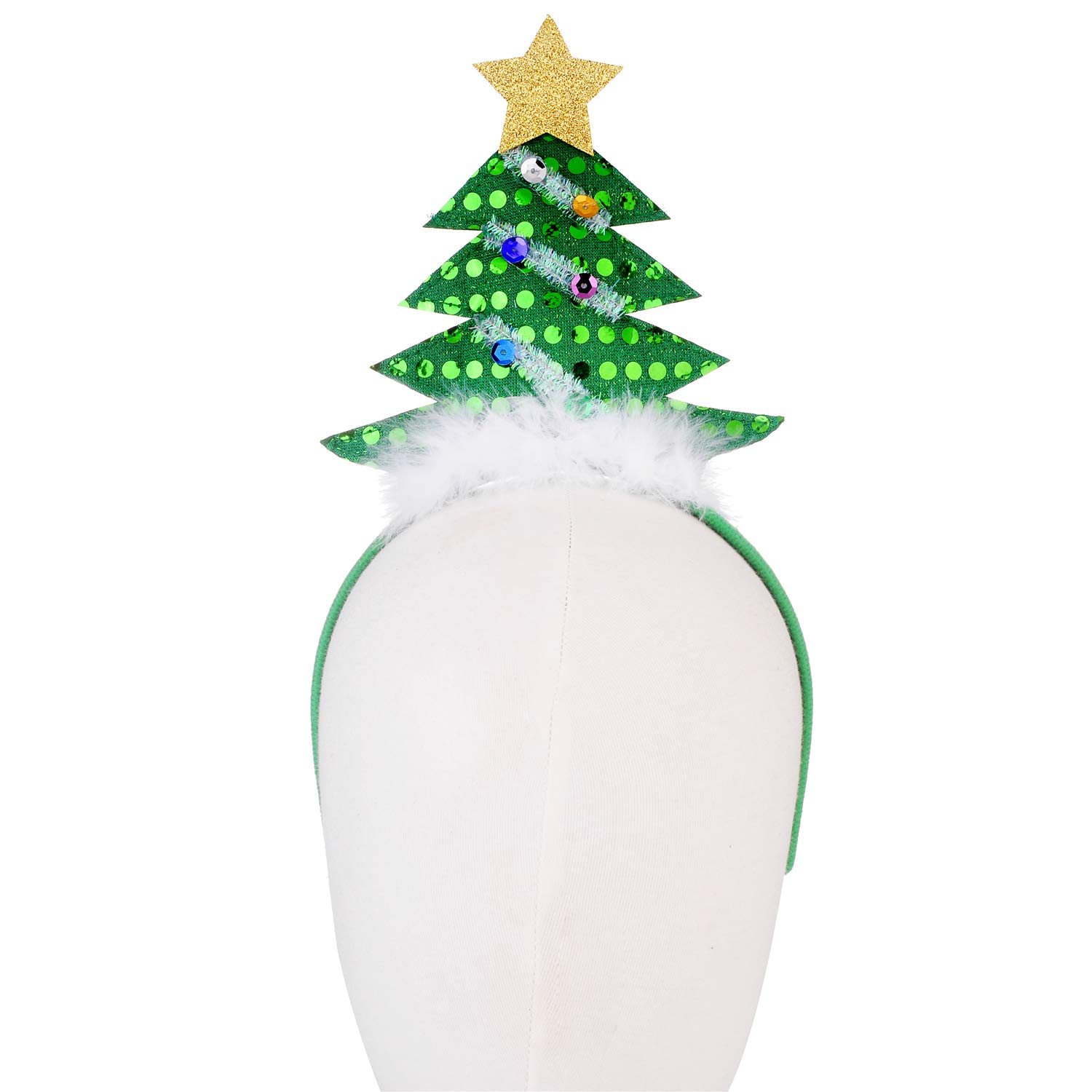 Christmas Green Tree Headband with Sequins & Fur - Holiday Party Accessory