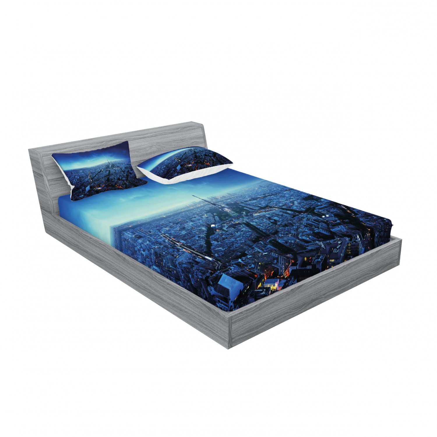 Ambesonne Paris 2-Pack Queen Size Fitted Sheet Set with 4 Pillow Shams - Eiffel Tower Cityscape Design Navy Blue Bedding Decor | Perfect for Guest Rooms, Vacation Homes & Paris-Themed Bedrooms