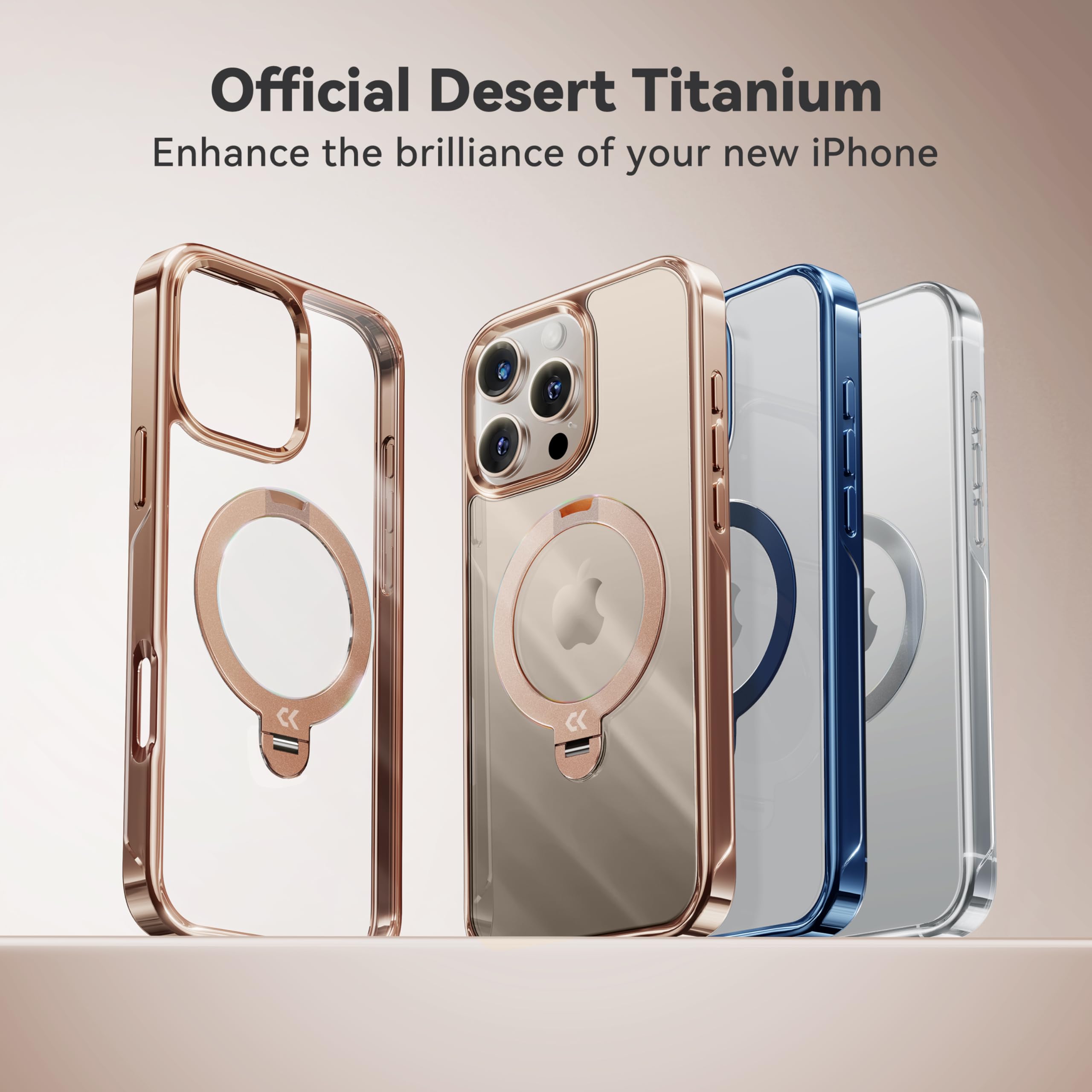 CASEKOO Titanium Magnetic Case for iPhone 16 Pro - 360° Rotating Stand | Magsafe Compatible | 16FT Military-Grade Protection | Clear Polished Finish with Rose Gold Kickstand (6.3
