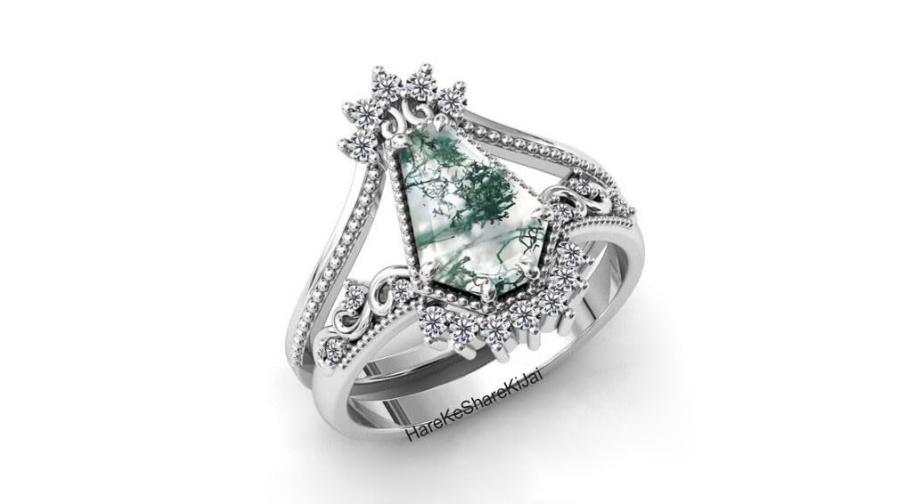 Vintage Art Deco Coffin Shaped Moss Agate Engagement Ring Set - 925 Sterling Silver Wedding Band, Anniversary Gift for Women - Perfect for Bridal Jewelry, Christmas Presents & Special Occasions