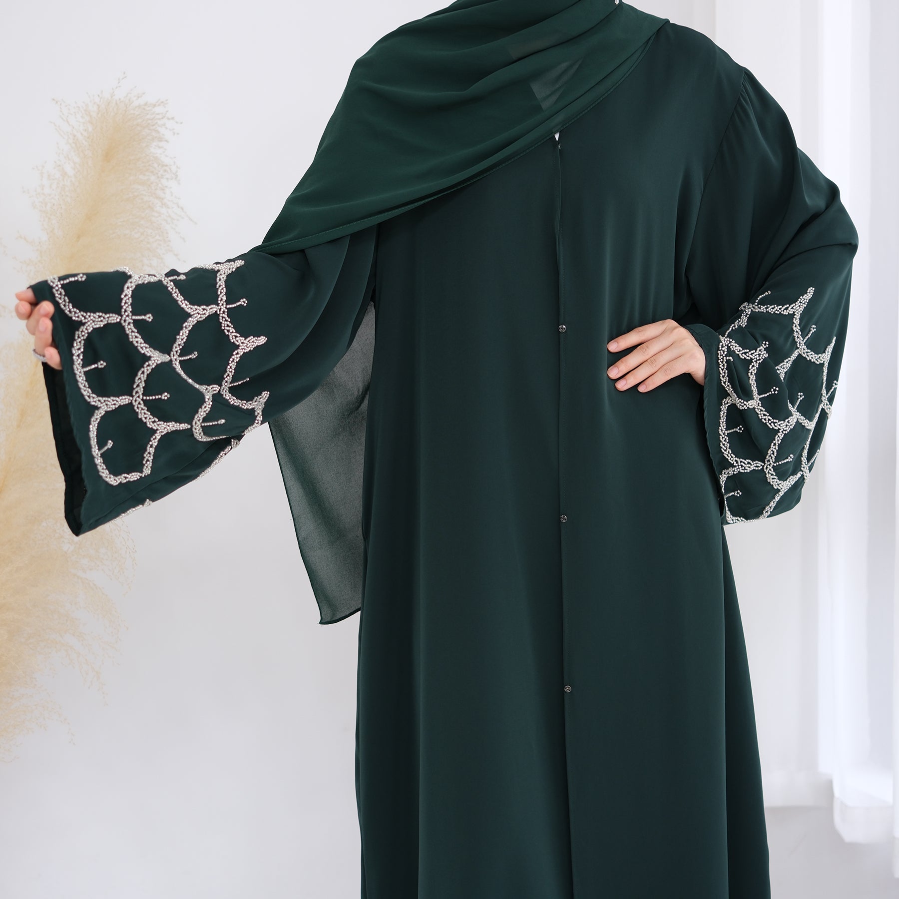 Irssane Nida Open Abaya Kimono - Elegant Emerald Green Muslim Prayer Dress for Women | Perfect for Prayer, Mosque, and Special Occasions