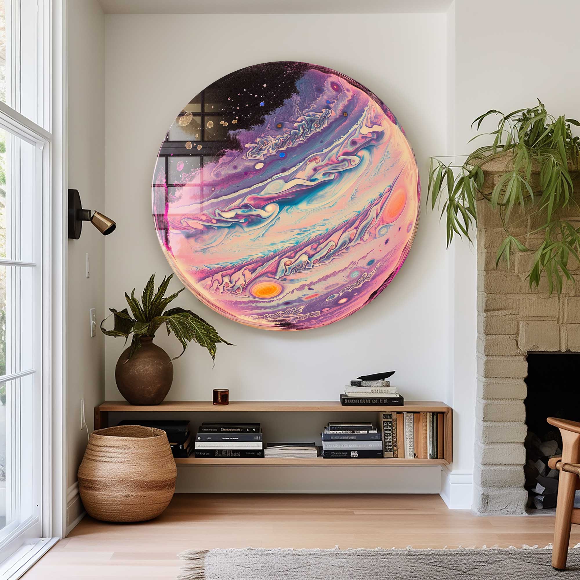 Handmade Ebru Art Rounded Glass Wall Decor - Unique Marble Painting for Living Room, Bedroom & Office