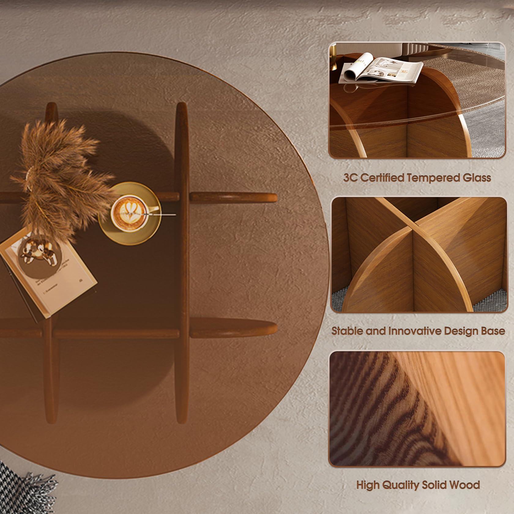 Modern Round Coffee Table with Solid Wood Legs - 31.5