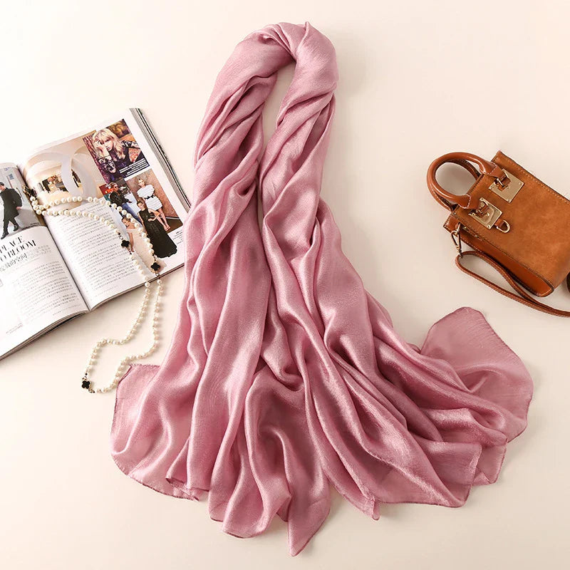 2023 Luxury Silk Scarves for Women - Elegant Hijab, Foulard, Shawl & Bandana - Soft Solid Color Head Wrap & Beach Poncho - Perfect for Daily Wear, Office, Travel & Special Occasions