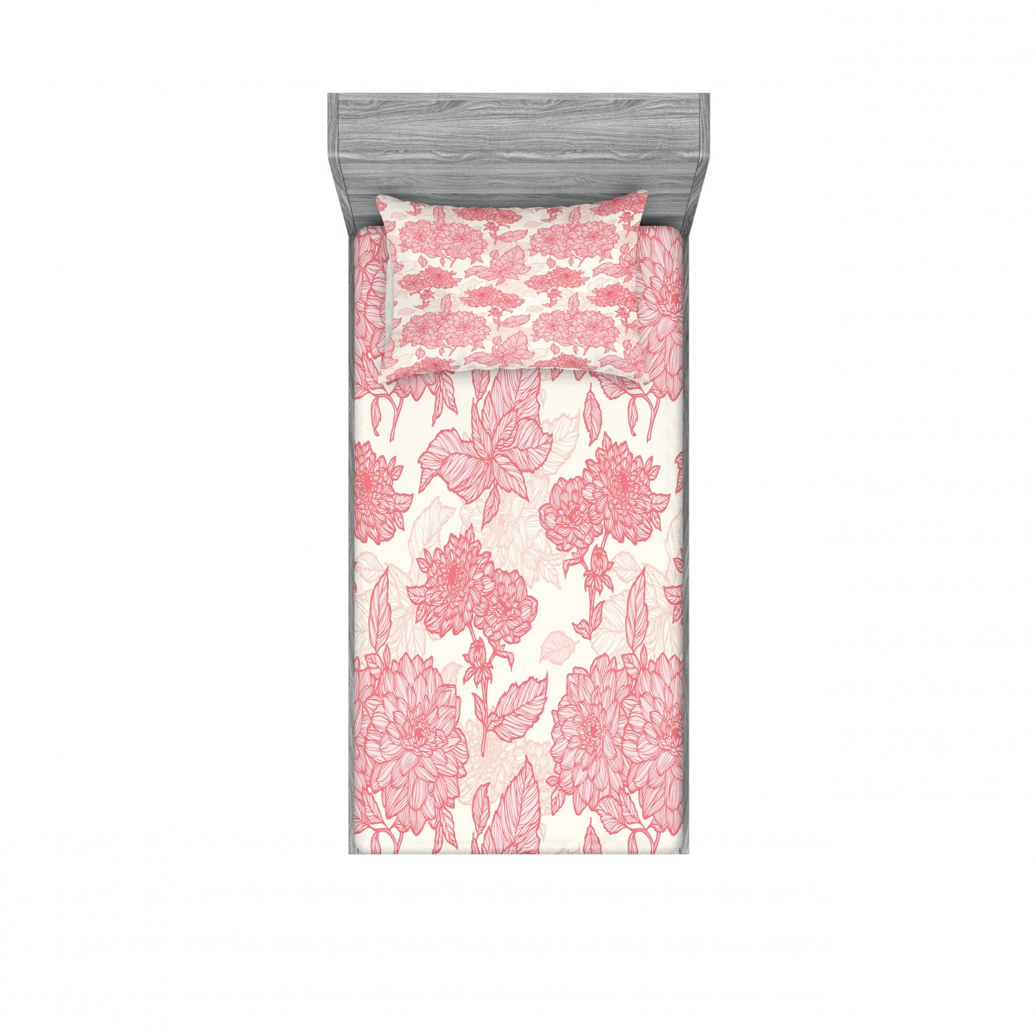 Ambesonne Romance 2 Pack Twin XL Fitted Sheet & Pillow Sham Set - Pink Floral Leaves Design, 4 Piece Bedding Set for Girls, Teens & Adults - Perfect for Guest Rooms, Dorm Decor & Cozy Bedroom Makeover