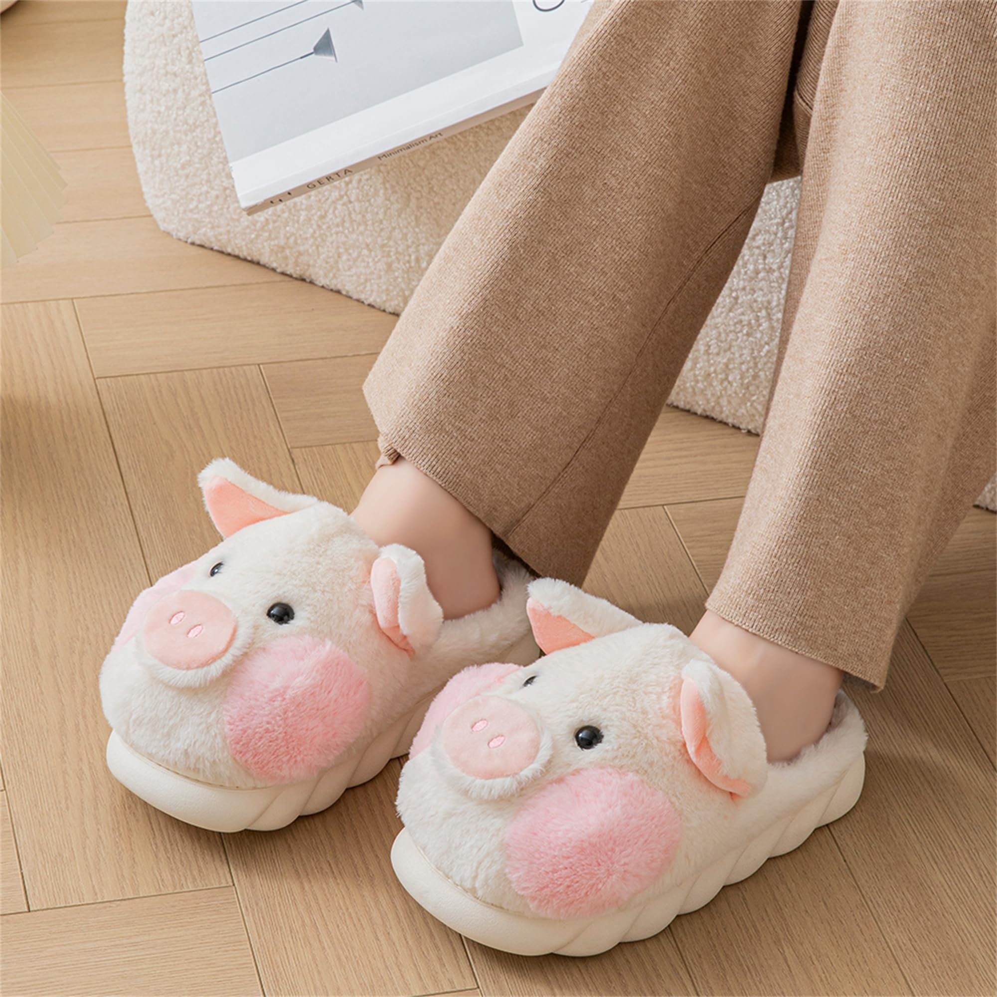 LANFIRE Women's Cozy Cotton Pig Slippers - Plush Animal House Shoes for Adults - Perfect for Relaxing at Home, Lounging & Indoor Comfort