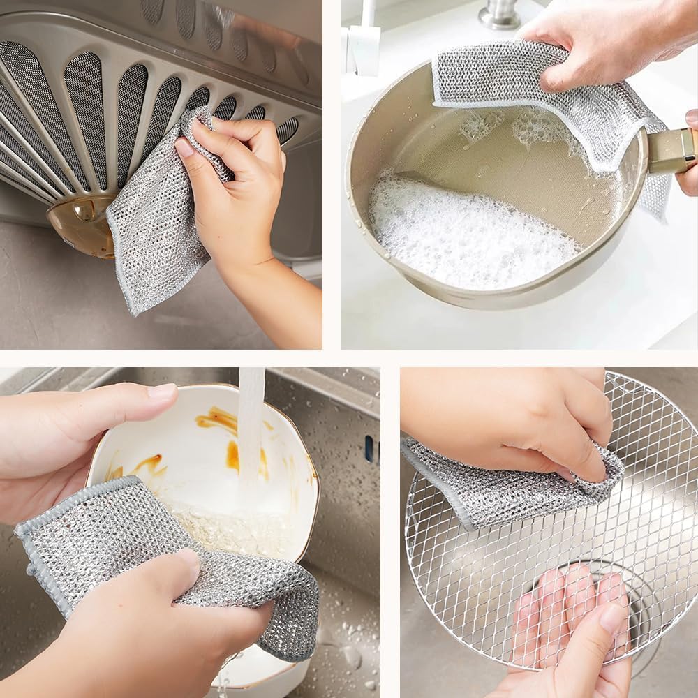 2-Pack Double Layer Wire Dishwashing Rags - Non-Scratch Cleaning Cloths for Wet & Dry Use | Multipurpose Kitchen Scrubber for Dishes, Sinks, Countertops & Stovetops | Perfect for Everyday Cleaning & Tough Stains