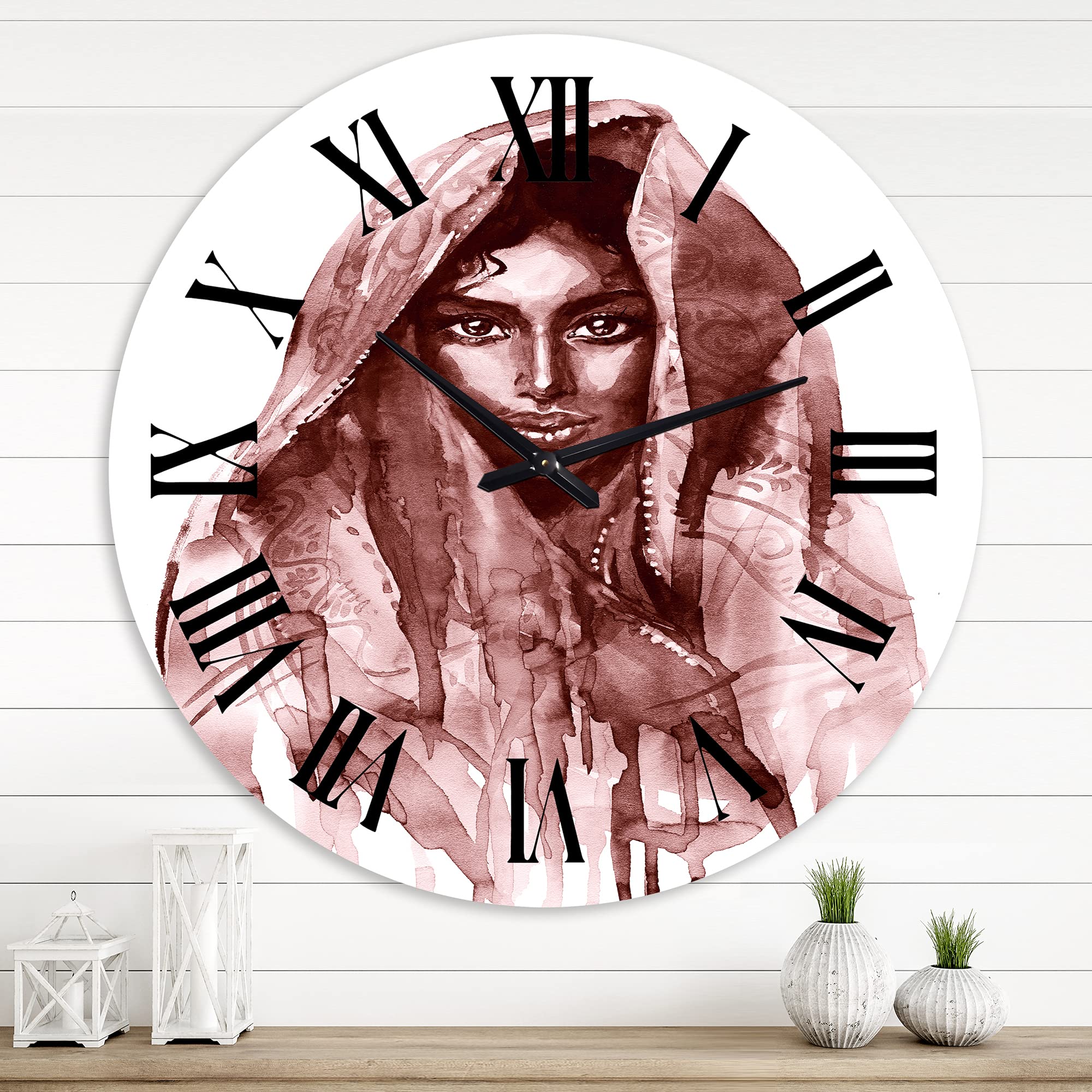 DesignQ Modern Wall Clock - Monochrome Portrait of Young Indian Woman II - Large Decorative Wall Clock for Bedroom, Living Room, Office - Unique Home Decor Gift Idea